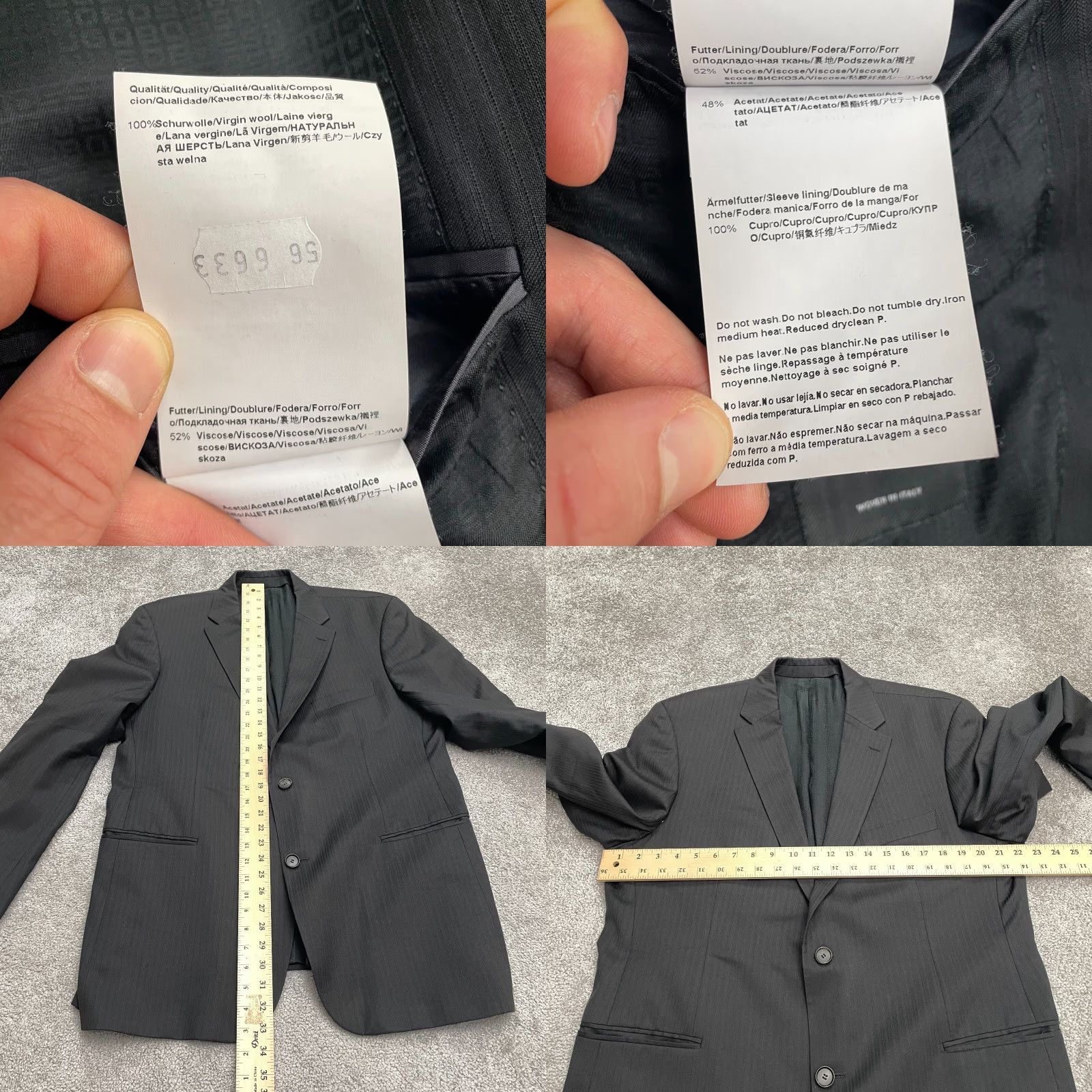 HUGO BOSS Blazer Men 46R Wool Italian Guabello Super 120 Striped Notch Lapel Double-Vented 2-Button Black Formal Suit Jacket