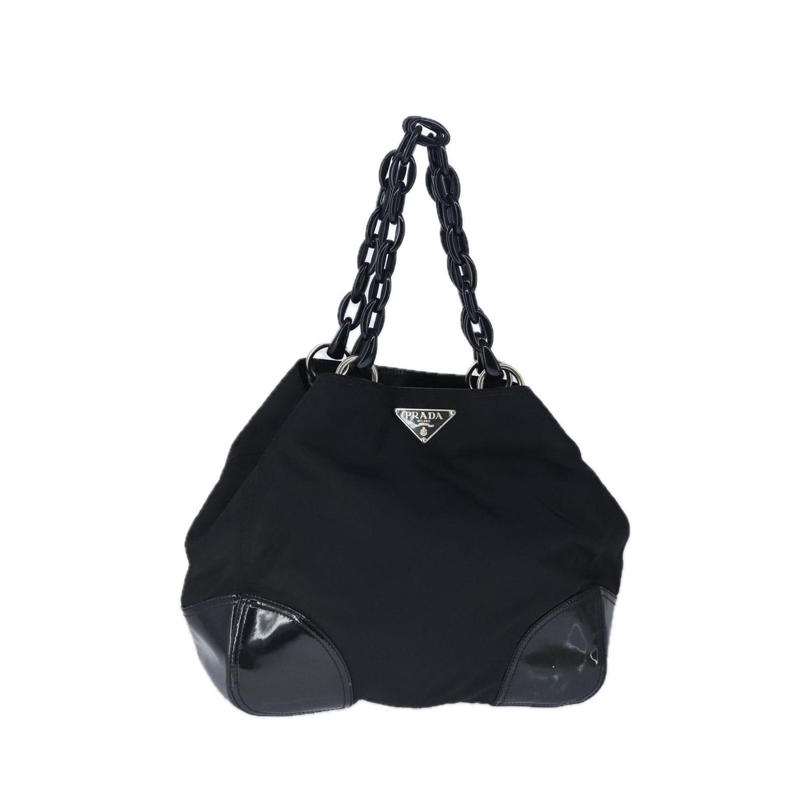 Prada Chain Tote Black Nylon Patent Leather
