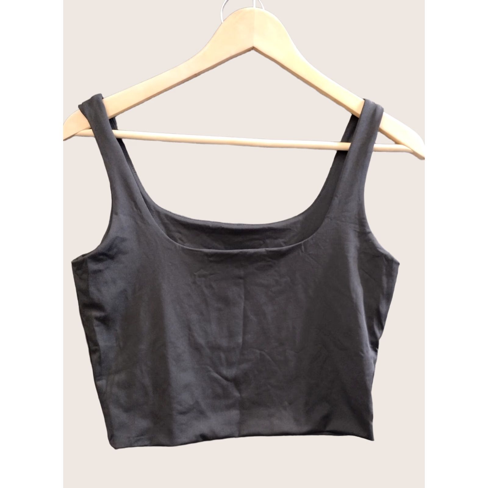 Vintage Cropped Tank Top Black Women's L Tank Cropped Sleeveless Strappy Strap Round Neck Casual All Seasons Breathable Stretch Polyester Spandex Size L / US 10 / IT 46 - 1 Thumbnail