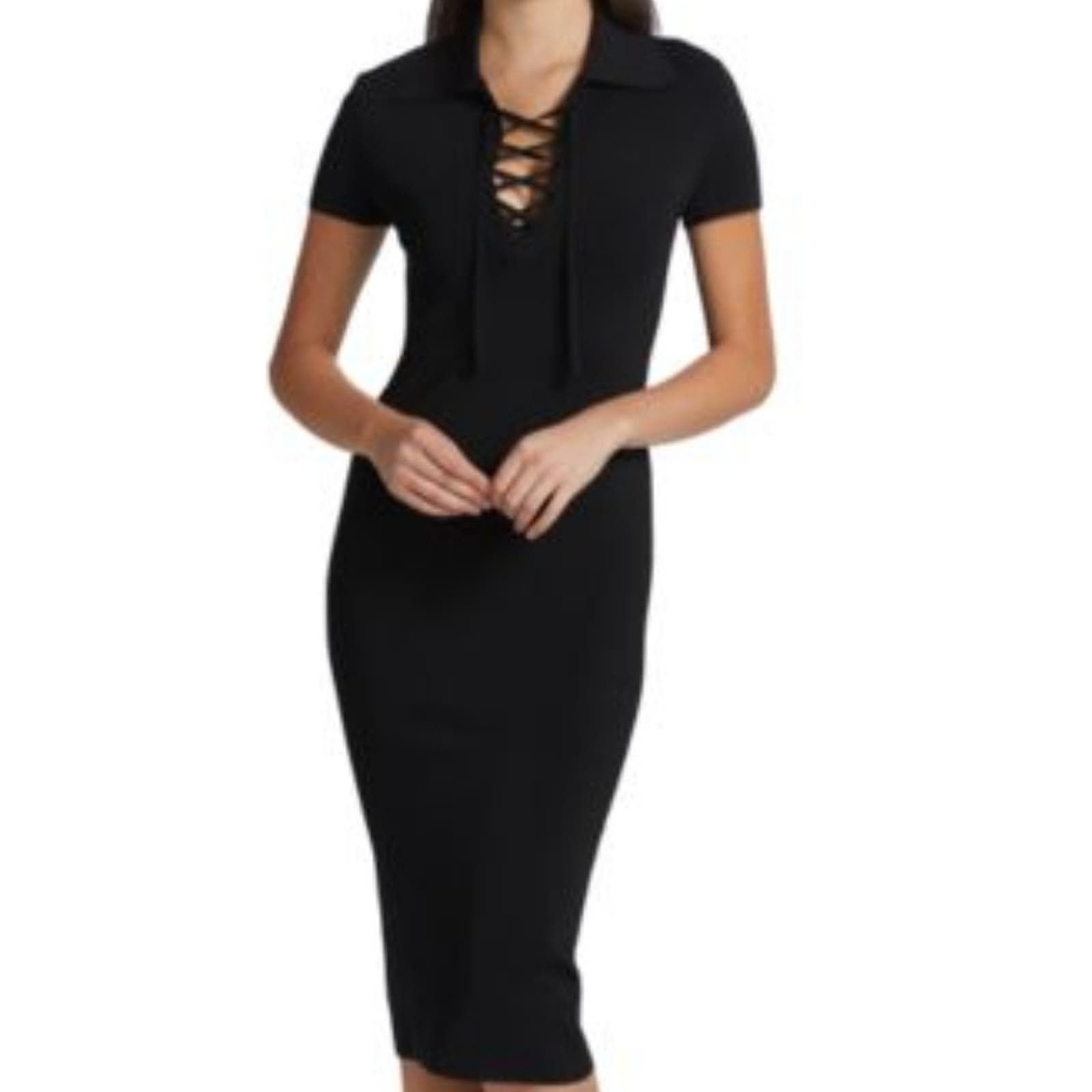 image of Alice Olivia Alice + Olivia Janna Lace-Up Polo Shirt Dress in Black, Women's (Size Medium)