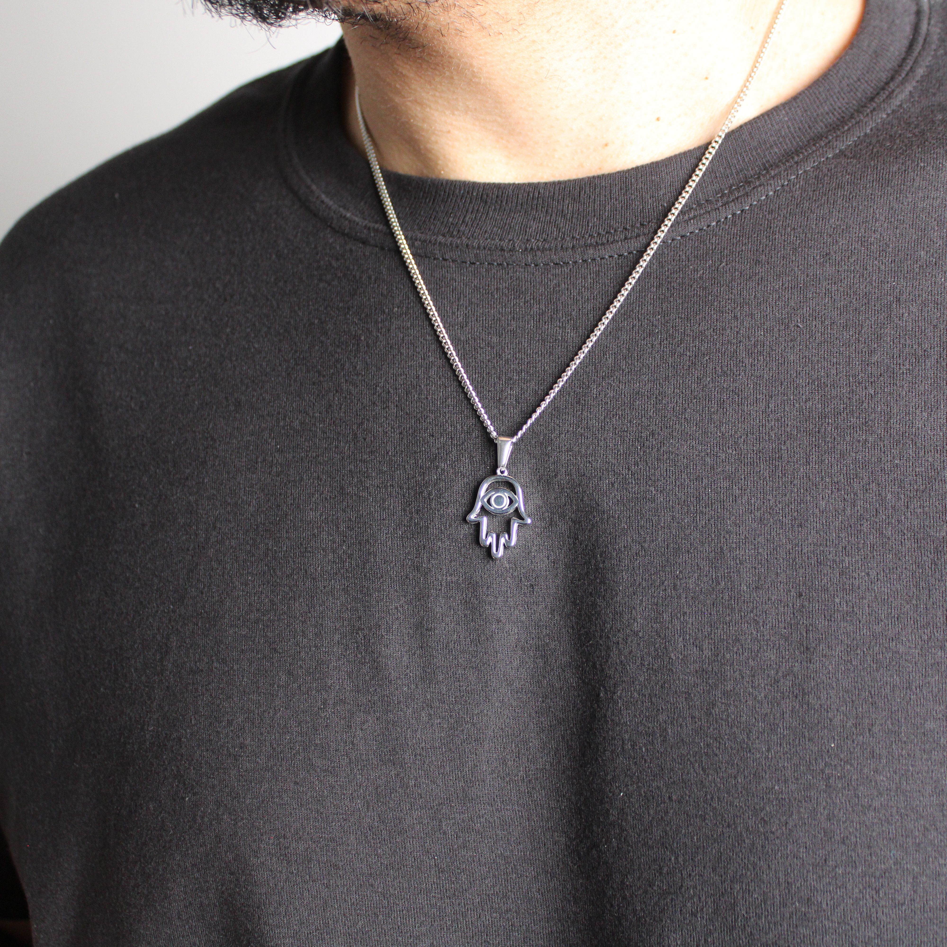 Jewelry Silver Hamsa Evil Eye Pendant Chain Necklace Size ONE SIZE - 2 Thumbnail