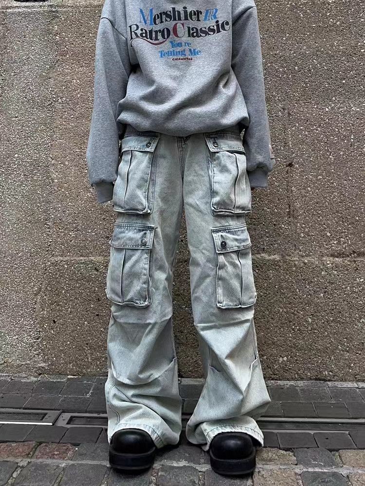 Japanese Brand Retro multi-pocket workwear wide-leg floor-length jeans Size US 34 / EU 50 - 1 Thumbnail