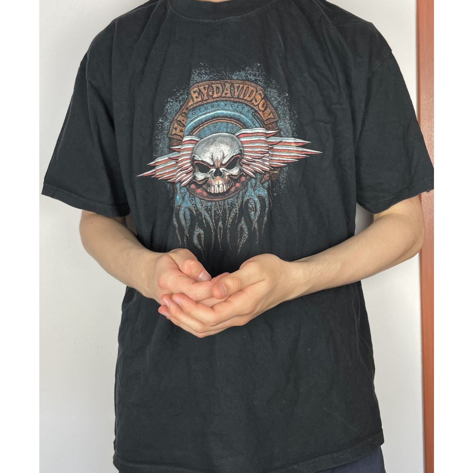Harley Davidson × Vintage Harley-Davidson Men's Black Cotton Skull Wings T-Shirt XL Size US XL / EU 56 / 4 - 2 Thumbnail