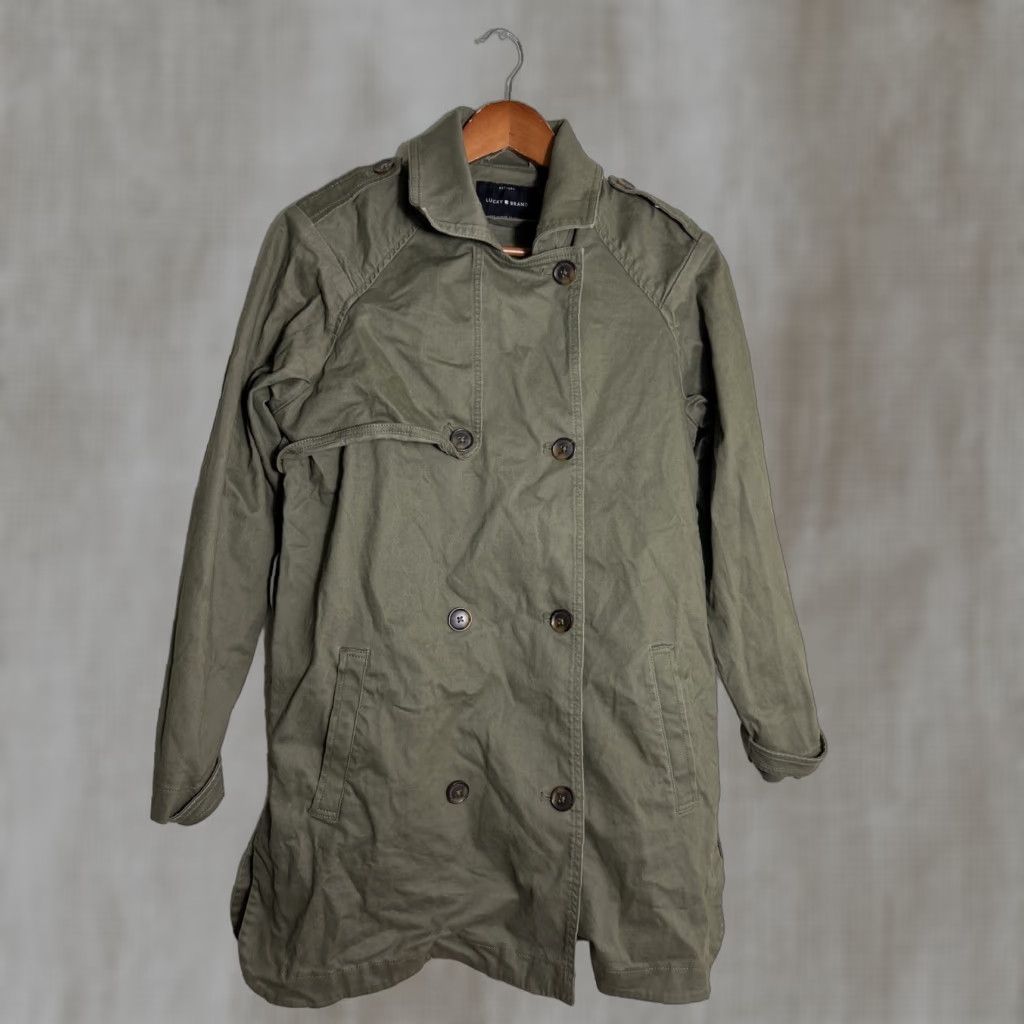 Lucky Brand Lucky Brand Womens Small Army Green Button Trench Coat Cotton Size S / US 4 / IT 40 - 1 Thumbnail