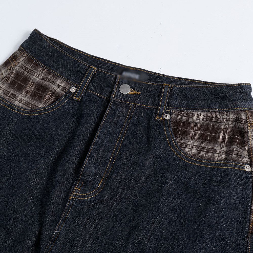 Men's Retro Faux Two-Piece Patchwork Plaid Jeans