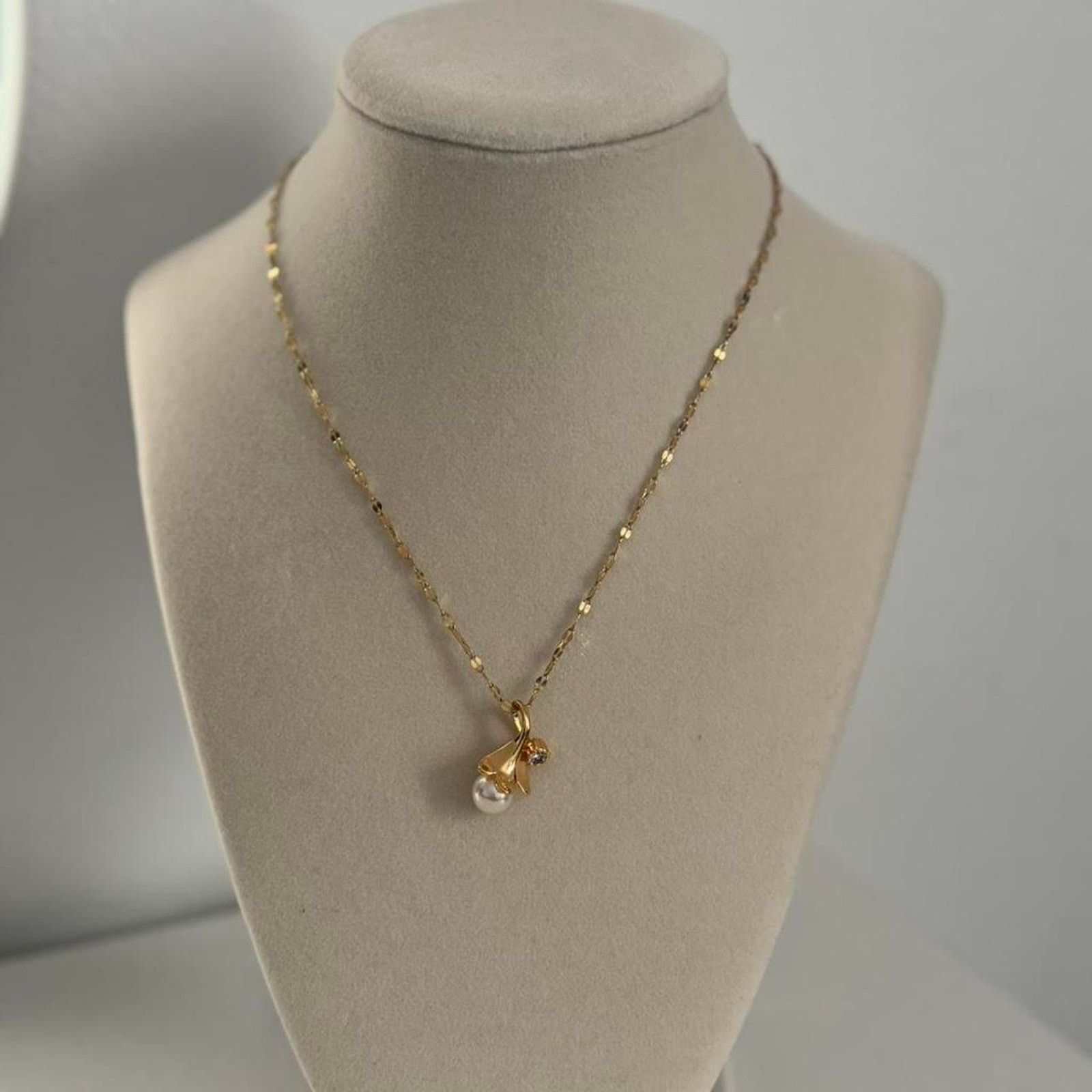 Other Gold Pearl Necklace with Bow Pendant Stainless Steel Size ONE SIZE - 1 Thumbnail