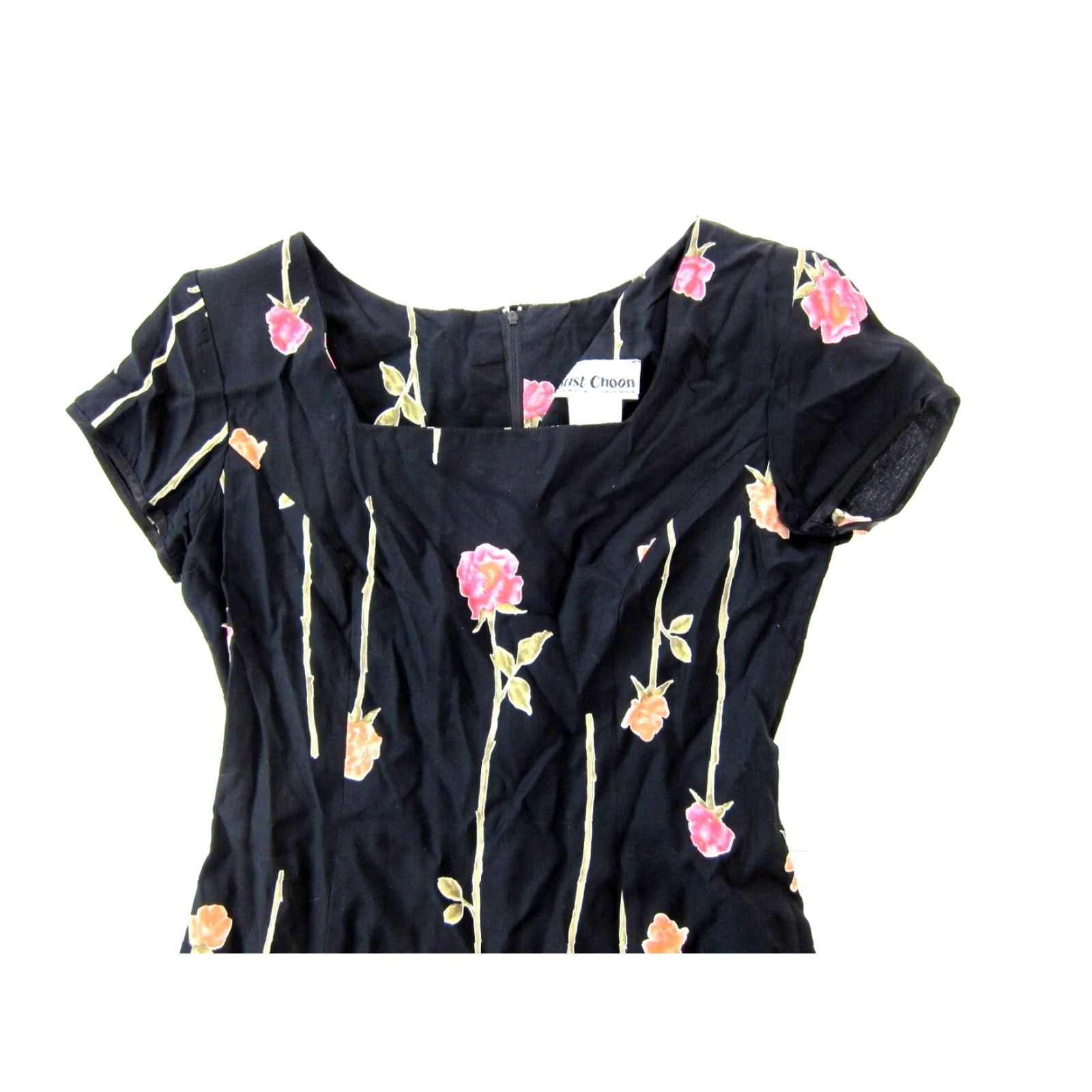 Vintage VINTAGE Just Choon Dress 100% Rayon Black Pink Rose Floral Short Sleeve S-M Women's Maxi Dress Size 28" / US 6 / IT 42 - 3 Thumbnail