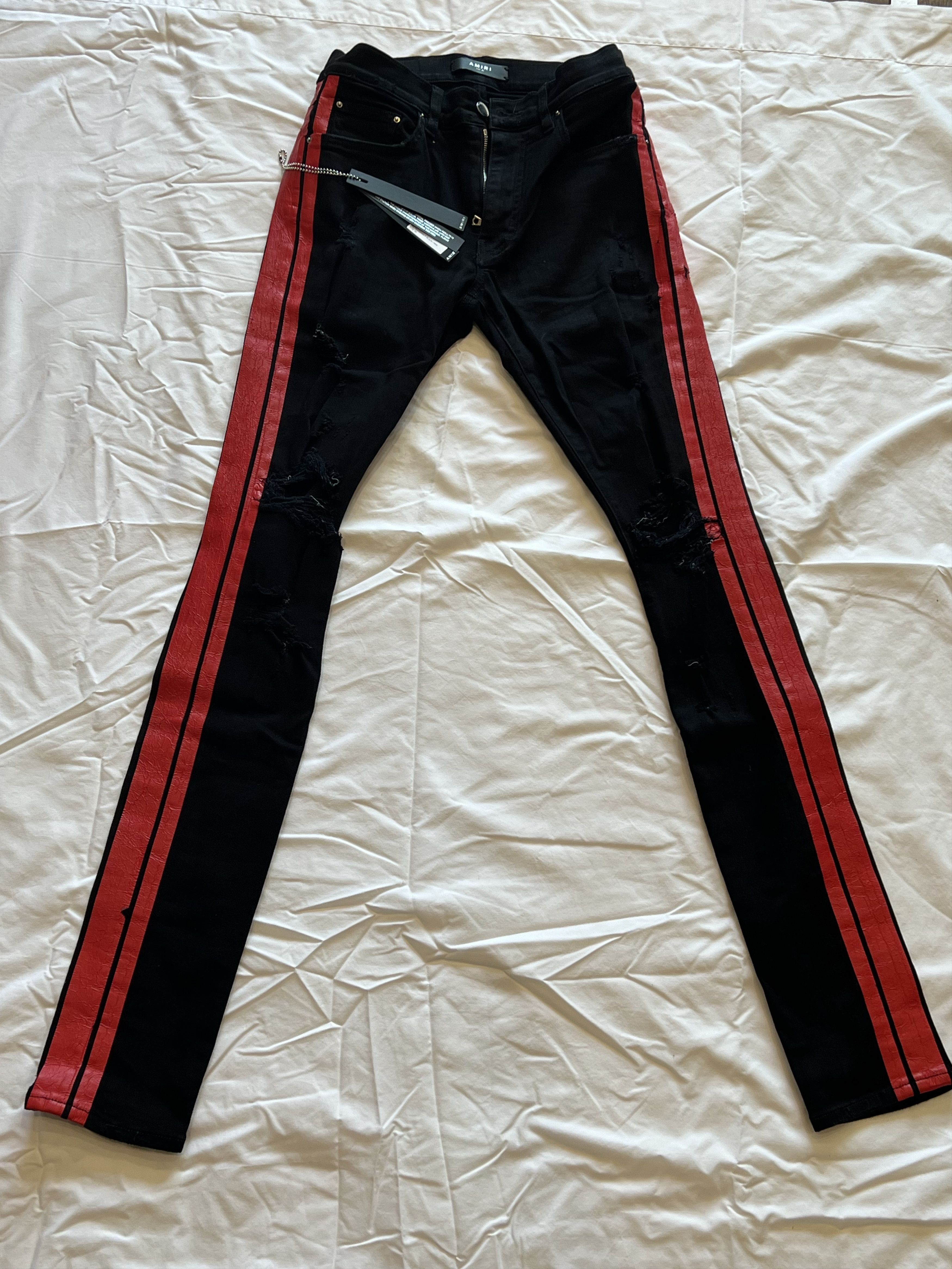 Amiri Track Striped Distressed Stretch-Denim Jeans Size US 30 / EU 46 - 2 Thumbnail