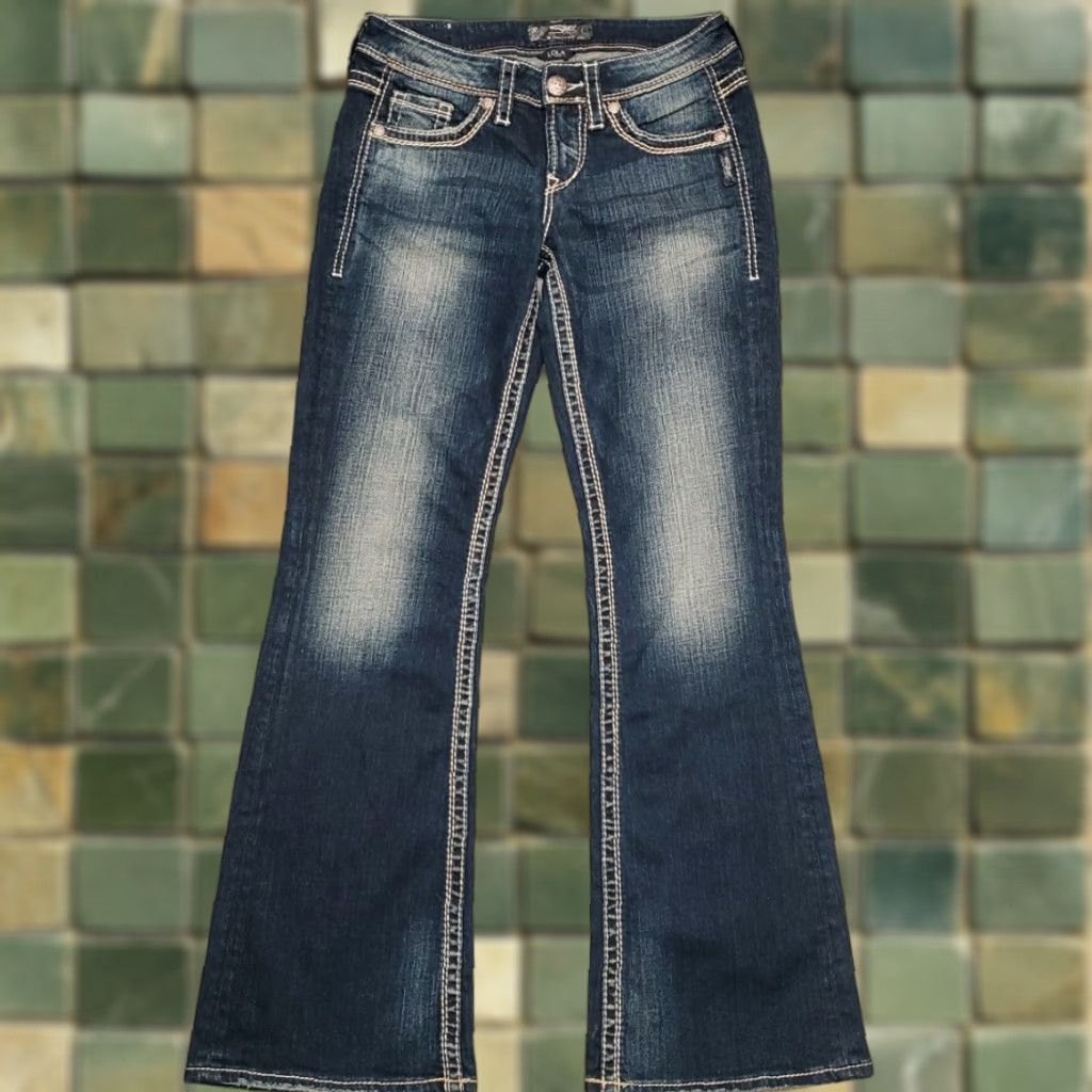 Silver Jeans Co. VINTAGE Silver Jeans Womens 26x31 Lola Bootcut Stretch Thick Stitch Cowboy Jeans Blue Solid Denim Inseam 31in Pockets Belt Loops Mens Women Girls Size 26" / US 2 / IT 38 - 1 Thumbnail