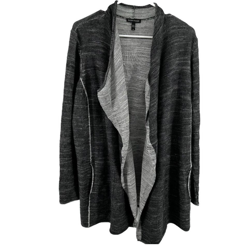 Eileen Fisher Waterfall Cardigan Sweater 100% Cotton Gray L