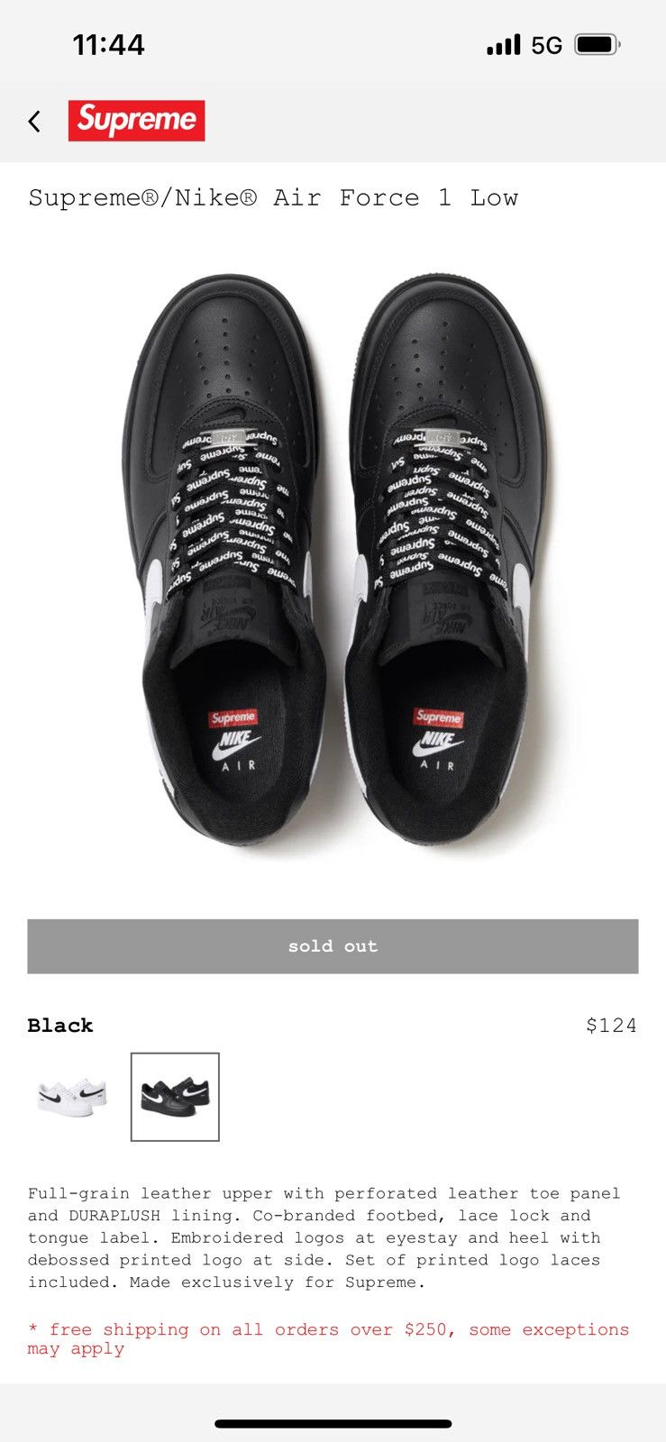 Nike × Supreme Supreme x Nike Air Force 1 Low black White CU9225-102 size 9 Size US 9 / EU 42 - 6 Thumbnail