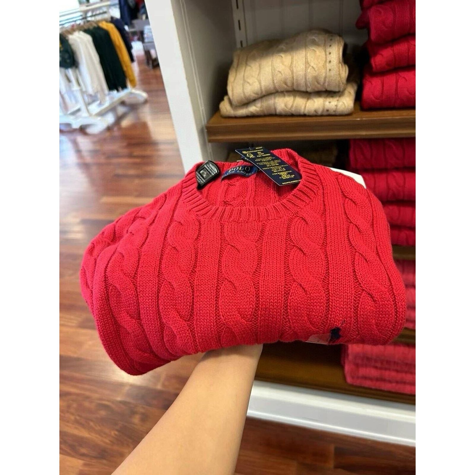 Polo Ralph Lauren NWT Polo Ralph Lauren Red Cotton Cable Knit Crewneck Sweater Size US XL / EU 56 / 4 - 3 Thumbnail