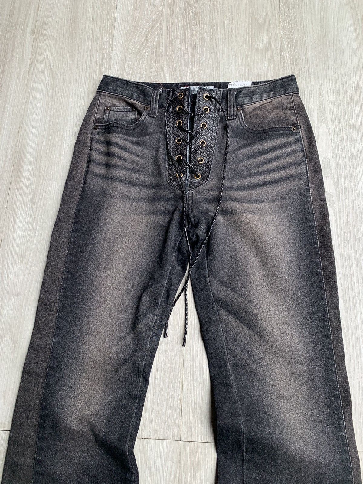 Japanese Brand TATTOOKU lace-up leather flare jeans Size US 27 - 3 Thumbnail