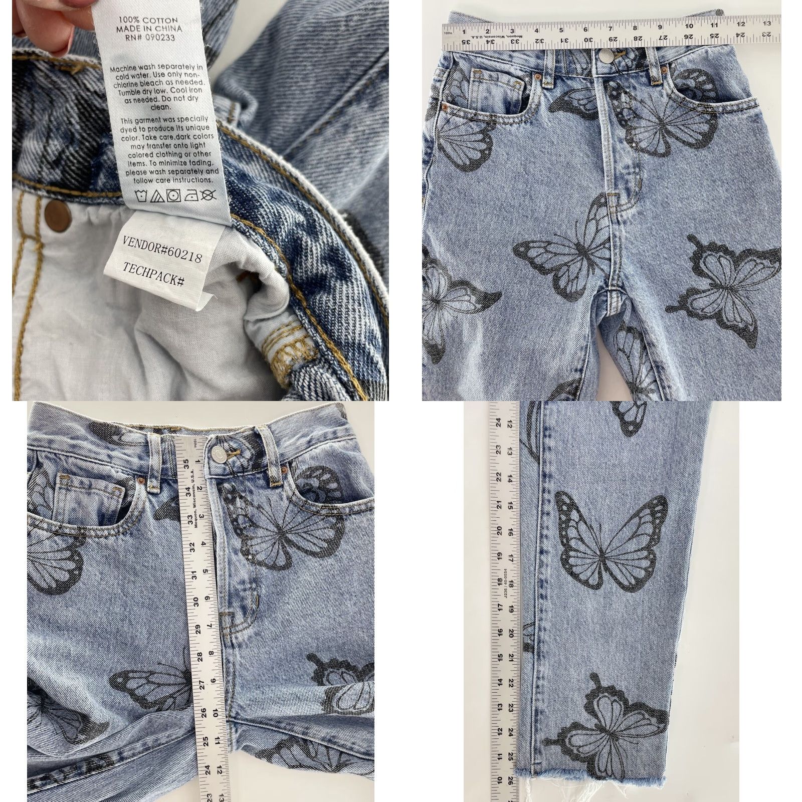 Pacsun PACSUN High Rise Straight Jeans Womens 23 Blue Fray Button Fly Butterfly Print Bohemian Hipster Bat Print 5-Pocket Denim Stone Wash Cool Casual Size 40" / US 18 - 8 Thumbnail