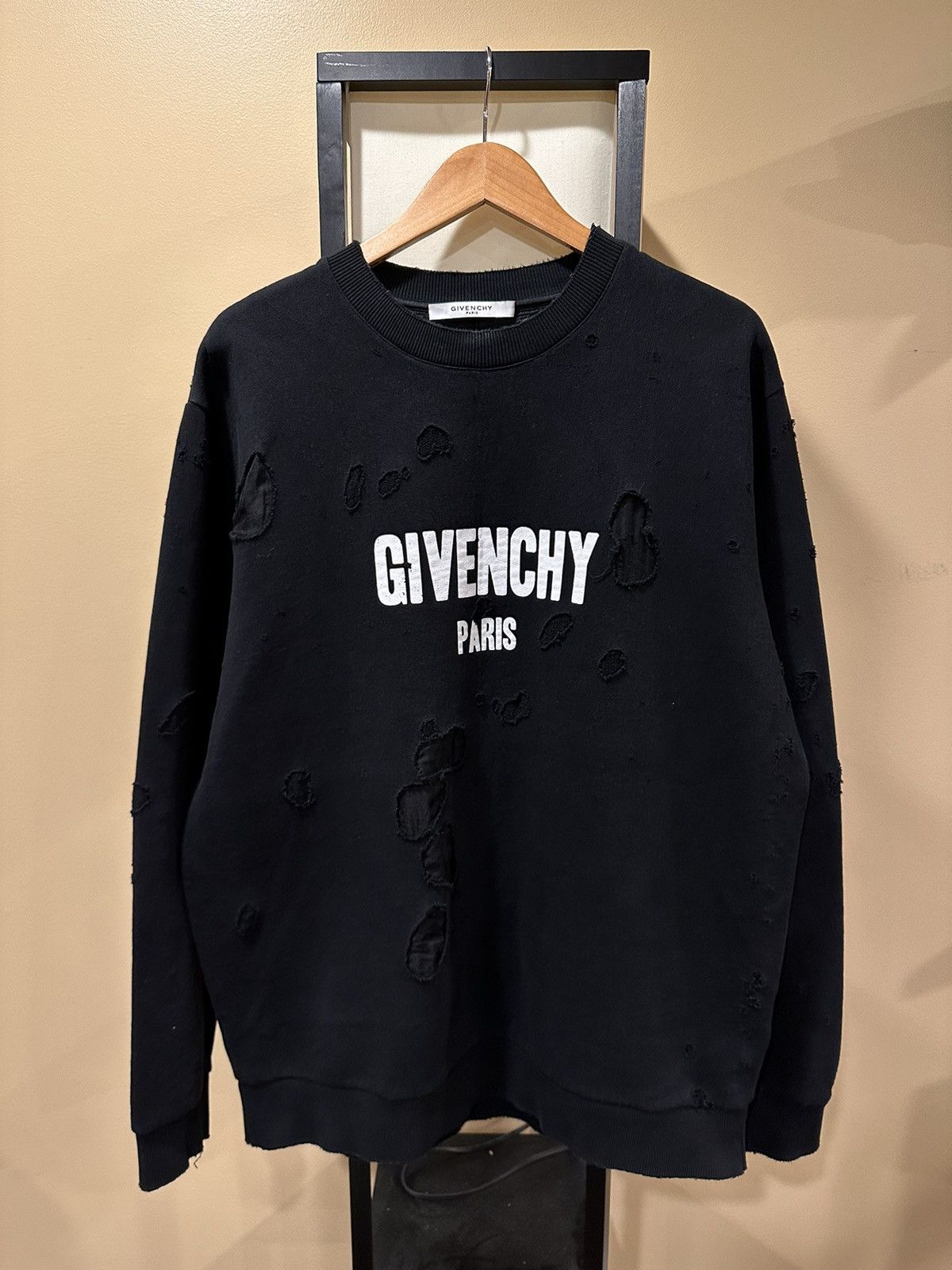 image of Givenchy Destroyed / Distressed Black Paris Logo Crewneck, Men's (Size 2XL)