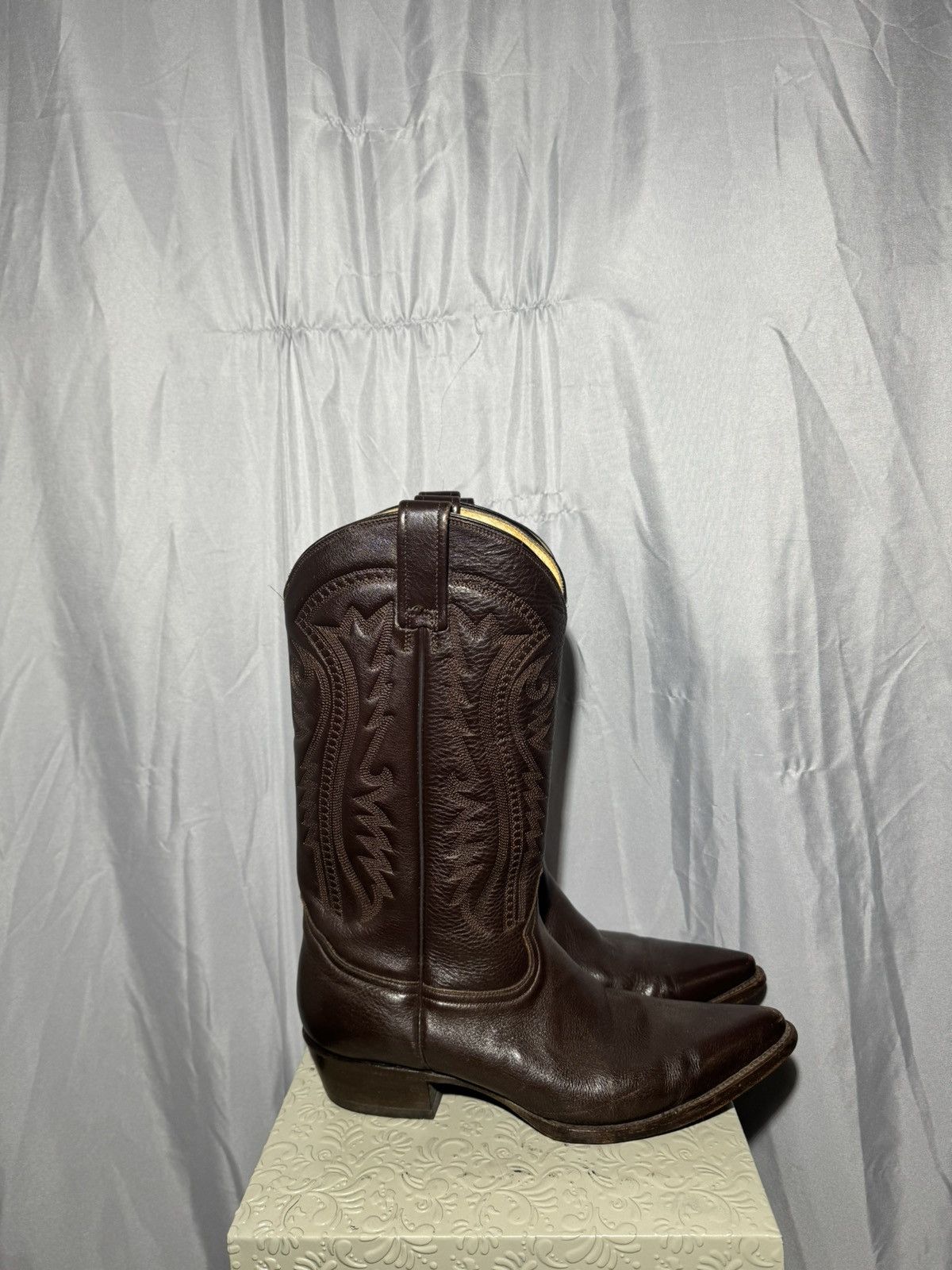 image of Vintage Black Bull Cowboy Brown Leather Boots Mens Size 9.5E