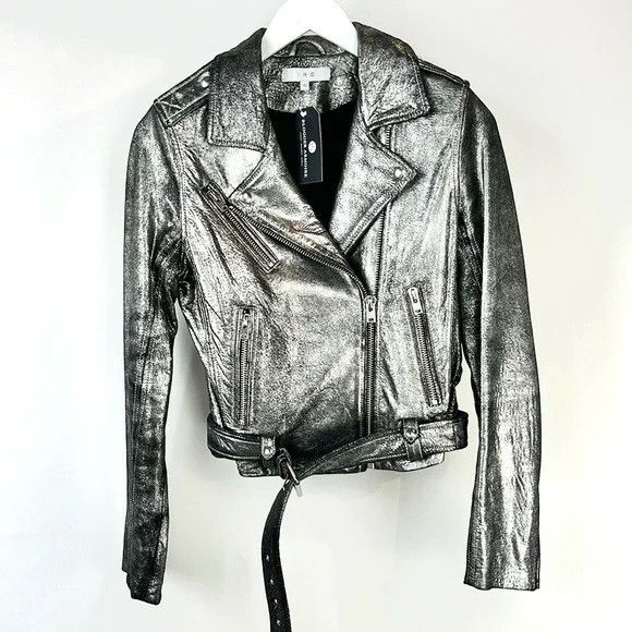 image of Iro Brooklyn Silver Metallic Leather Moto Jacket, Women's (Size Large)
