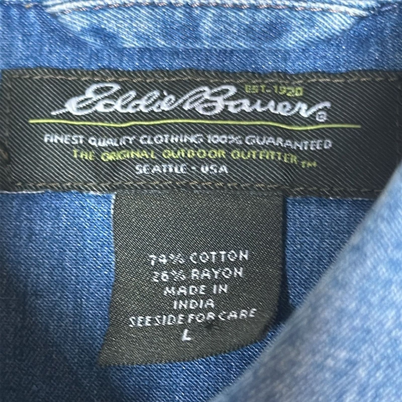 Eddie Bauer × Vintage VTG Eddie Bauer Pearl Snap Button Denim Western Shirt Large Size US L / EU 52-54 / 3 - 6 Thumbnail