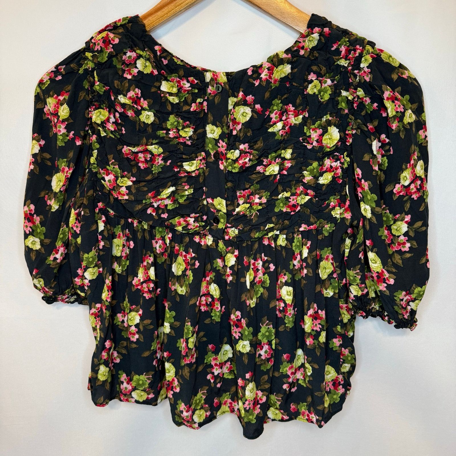 Zara Zara Black Floral Blouse S Womens Ruched Button Back Puff Size S / US 4 / IT 40 - 4 Thumbnail