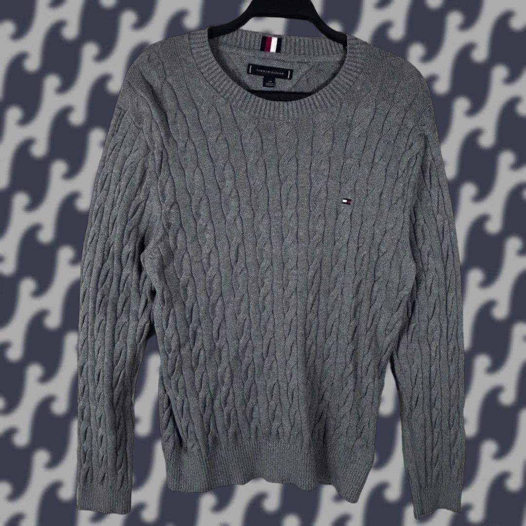 Tommy Hilfiger Tommy Hilfiger Mens Gray Cable Knit Crewneck Sweater Size L Logo Cotton Pullover Knit Crew Neck Casual Womens? Mens Size US L / EU 52-54 / 3 - 1 Thumbnail