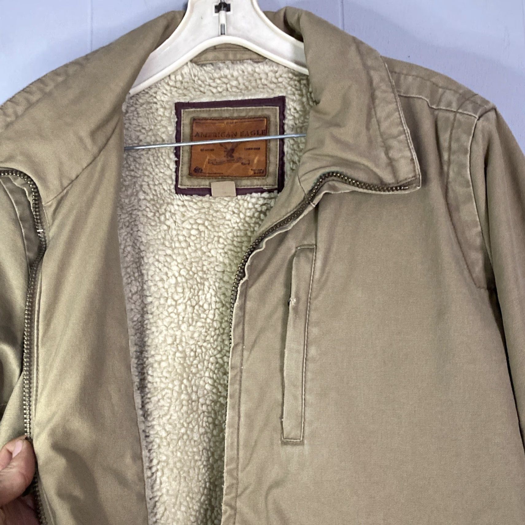 Vintage VINTAGE American Eagle Jacket Canvas Chore Coat Tan Sherpa Lined Mens Zip Up L 25x29 Jacket/Coat Short Solid Brown 90s Work Casual Size US L / EU 52-54 / 3 - 6 Thumbnail