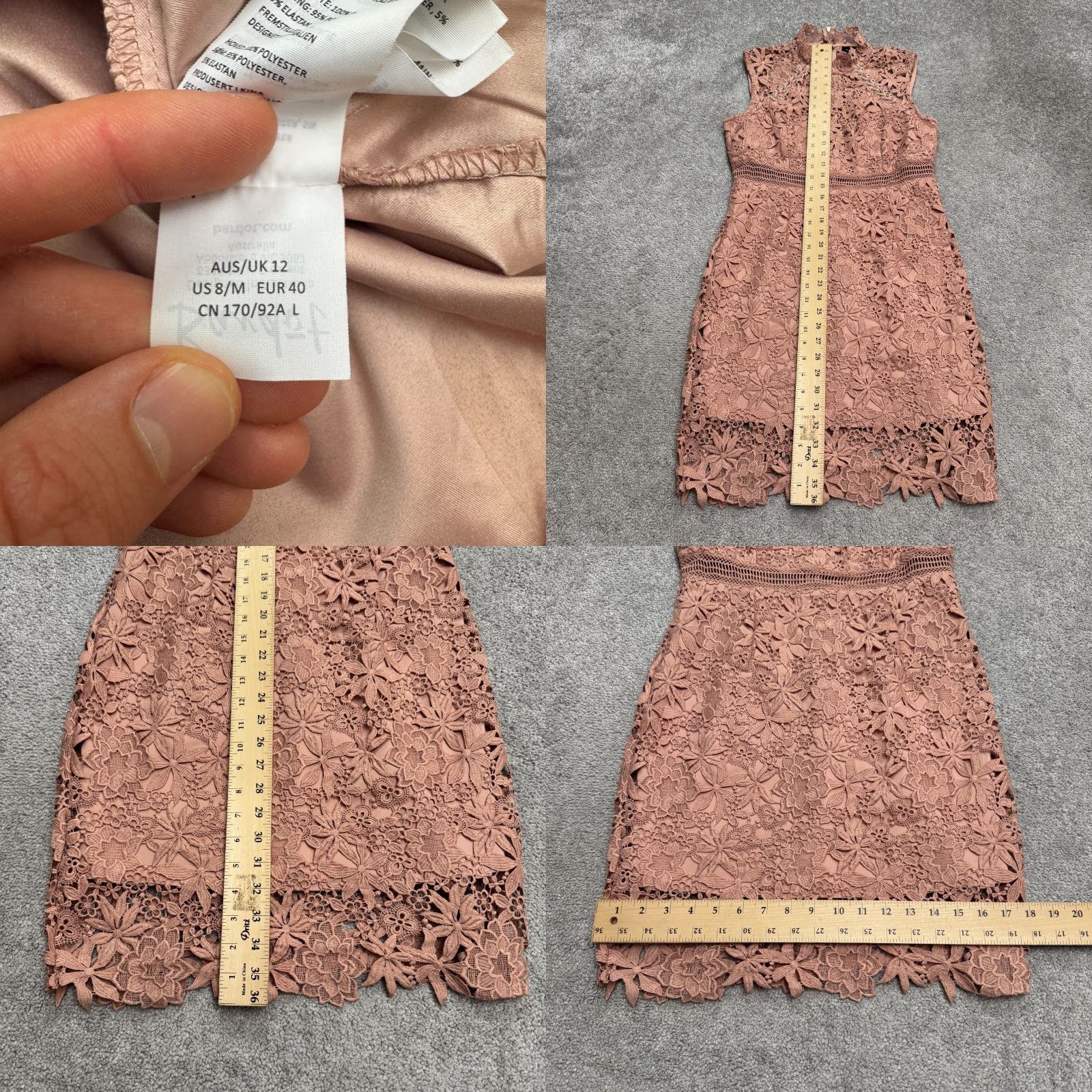 Neiman Marcus Bardot Floral Lace Mock Neck Sheath Dress Women 8 Blush Pink Sleeveless Cocktail Black Knit Zoned Sleeve Strappy? Size L / US 10 / IT 46 - 8 Thumbnail