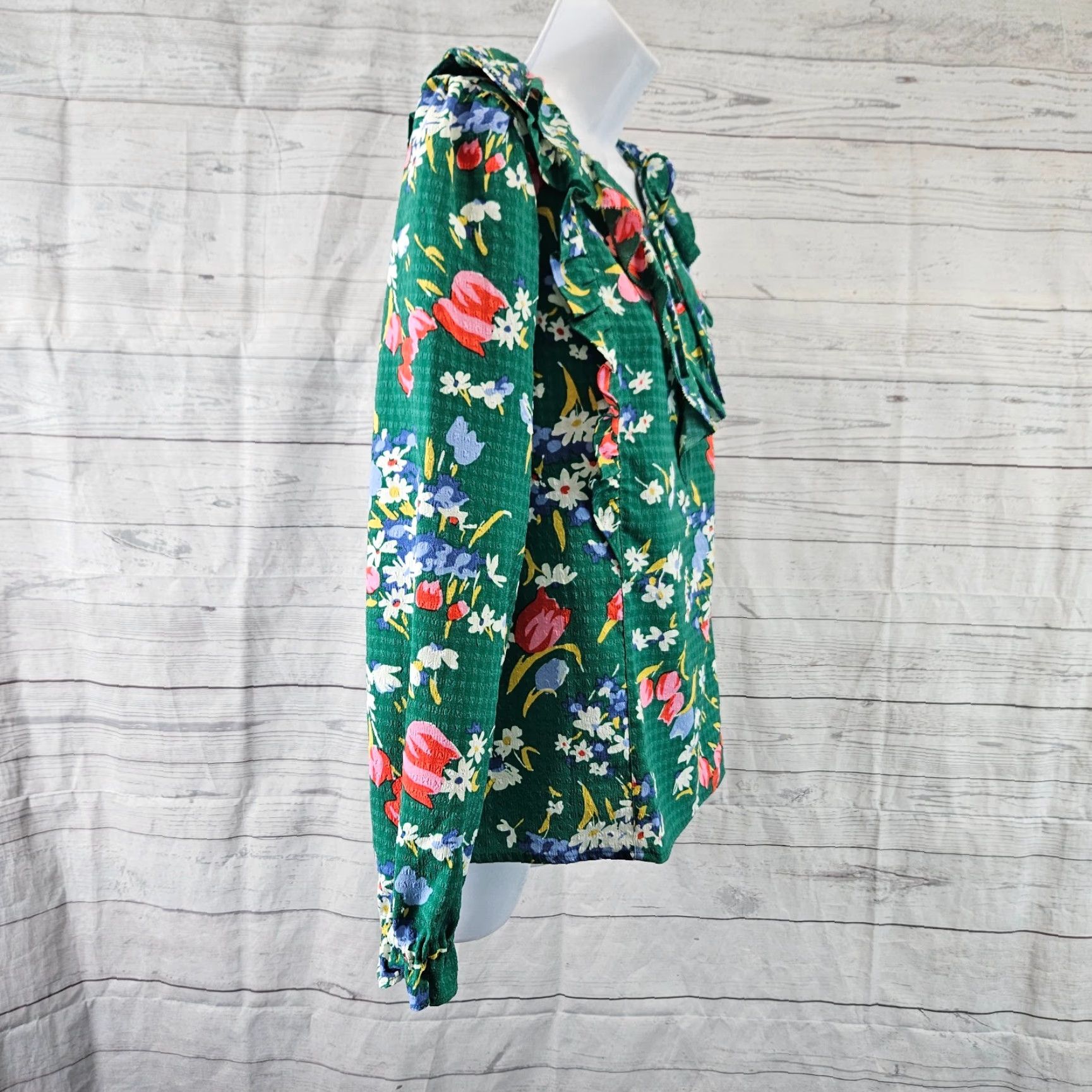 Loft Ann Taylor LOFT Womens Top XS Green Pink Floral Ruffle Long Sleeve Blouse Polyester Spandex Size XS / US 0-2 / IT 36-38 - 3 Thumbnail