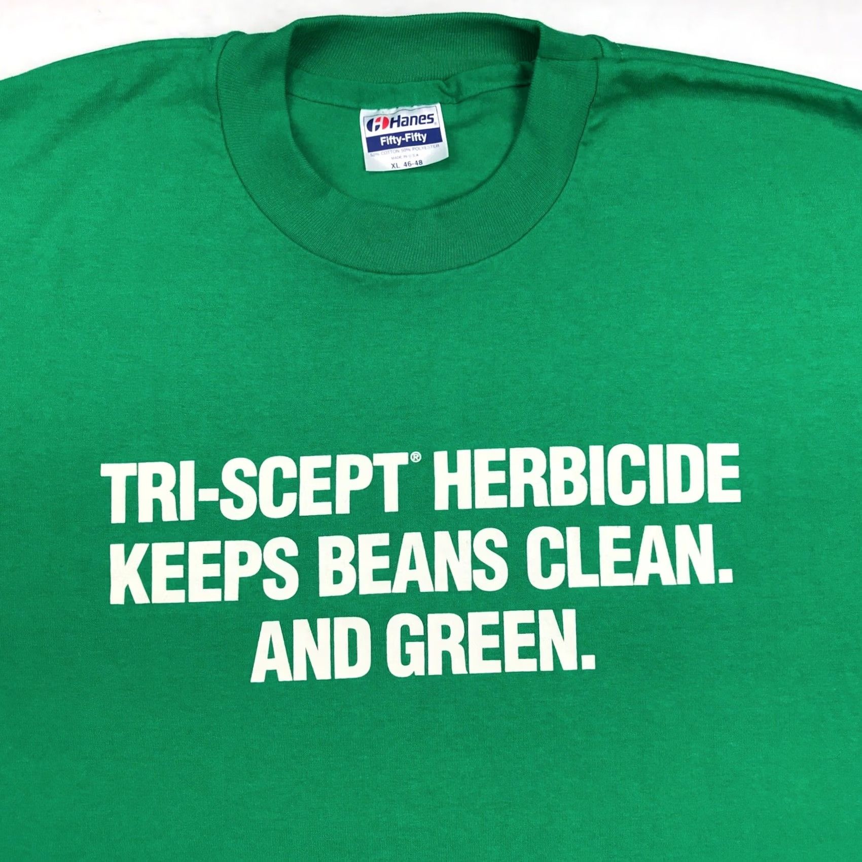 Hanes VINTAGE Hanes T-Shirt Men XL Green 80s 90s TRI-SCEPT HERBICIDE KEEPS BEAN CLEAN & GREEN Short Sleeve Cotton Blend Single Stitch Size US XL / EU 56 / 4 - 4 Thumbnail