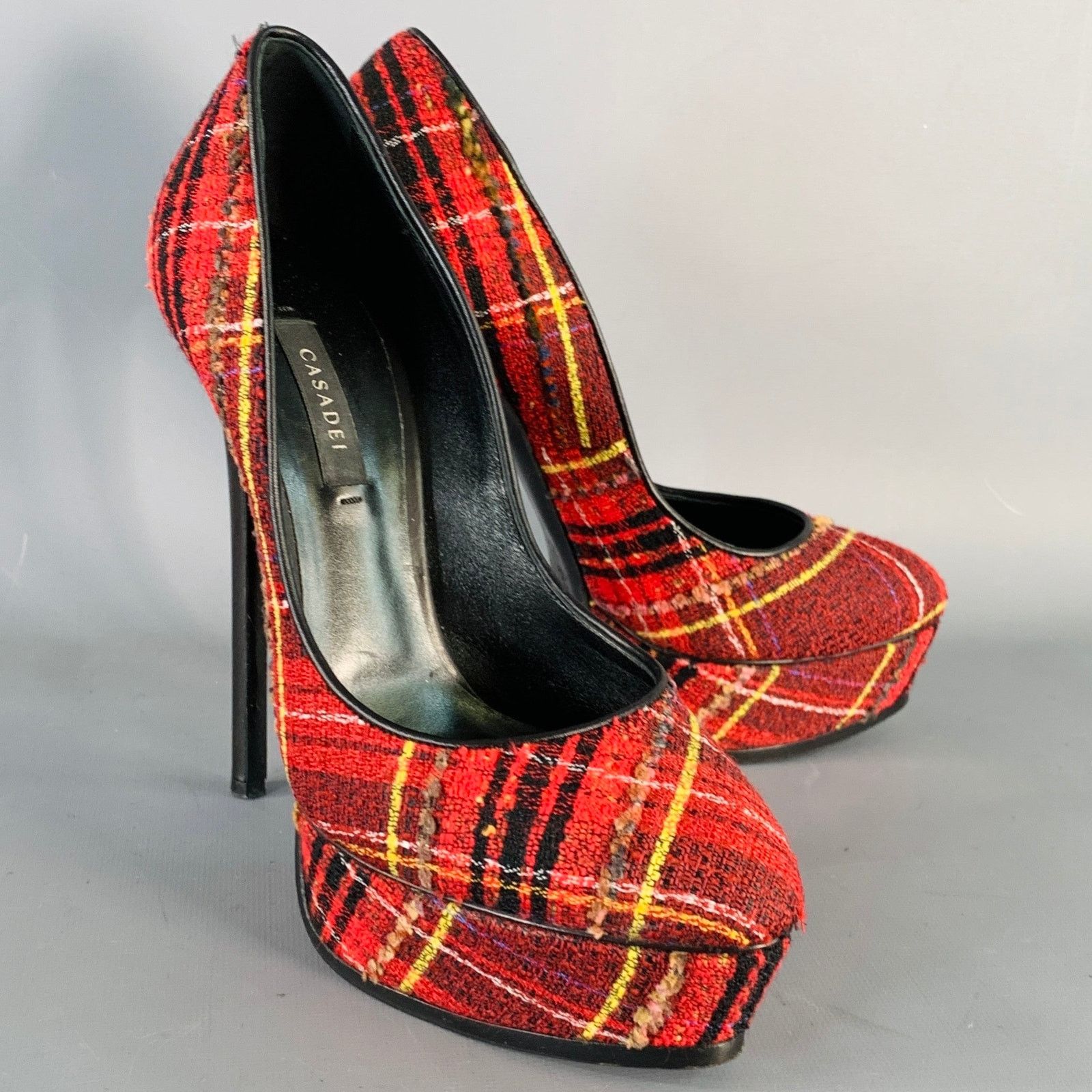 Casadei CASADEI Black Yellow Tweed Plaid Leather Trim Platform Pumps Size US 9 / IT 39 - 1 Thumbnail