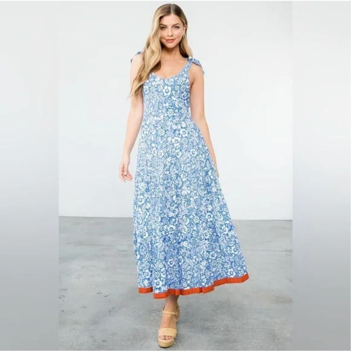 REVOLVE THML Vanna Maxi Dress Blue & Cream Women's Size Small Size S / US 4 / IT 40 - 1 Thumbnail
