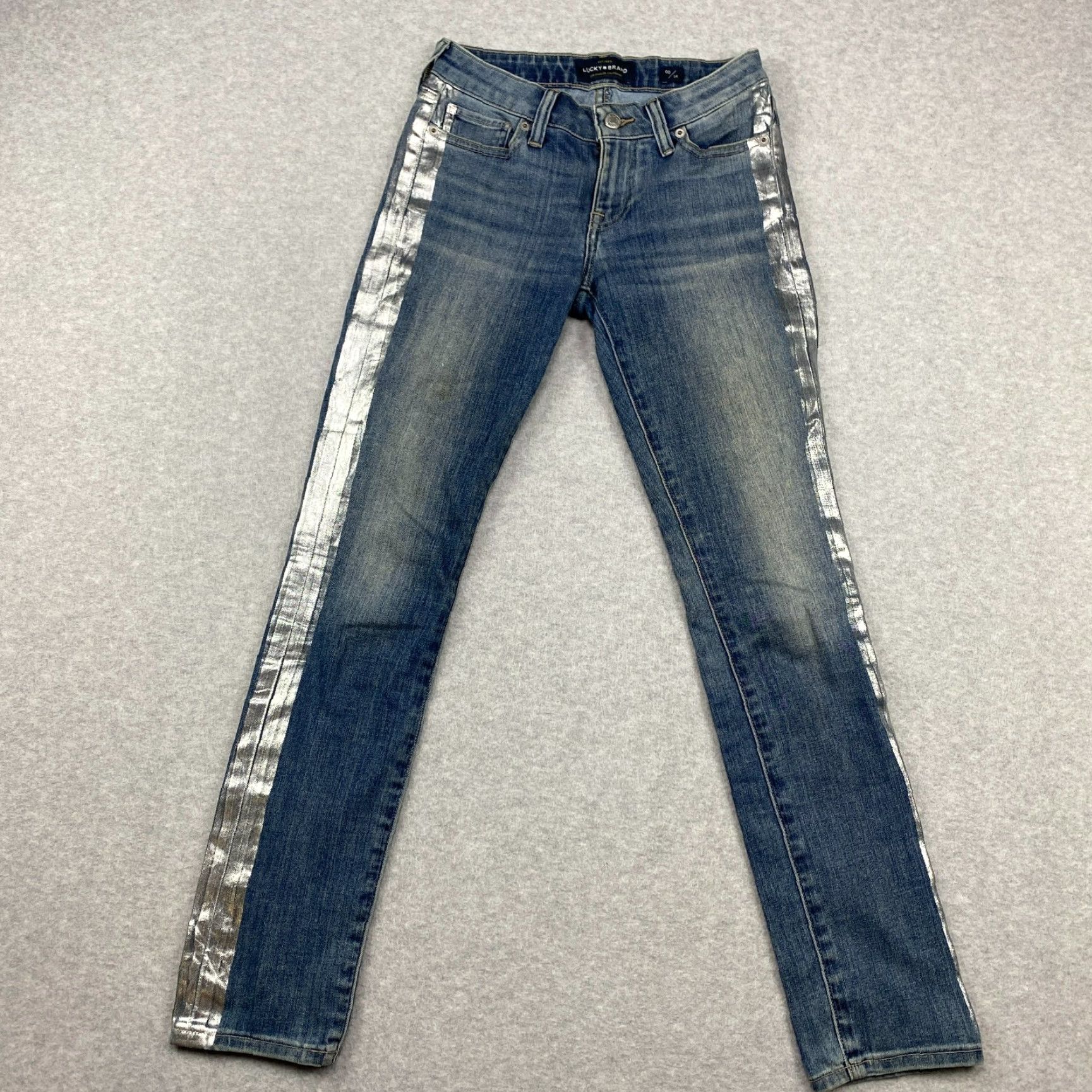 Lucky Brand Lucky Brand Lolita Skinny Jeans Womens 00 / 24 Blue Mid Rise Silver Side Stripe Denim 5-Pocket Stretch Distressed Modern Female Jeans Size 24" / US 00 / IT 34 - 2 Thumbnail