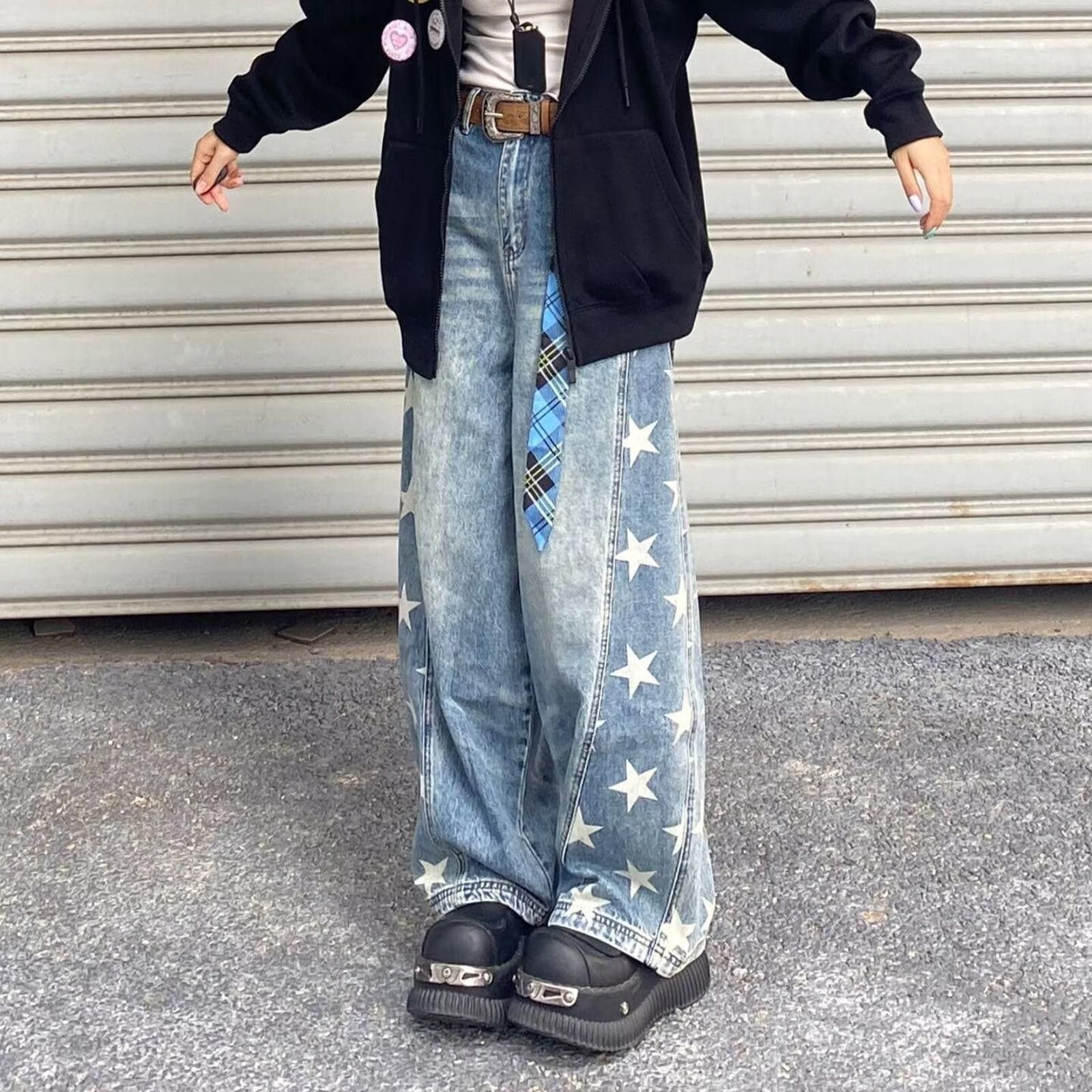 Jean Blue Star Print Wide Leg Jeans, Baggy Denim Pants Size US 33 - 1 Thumbnail