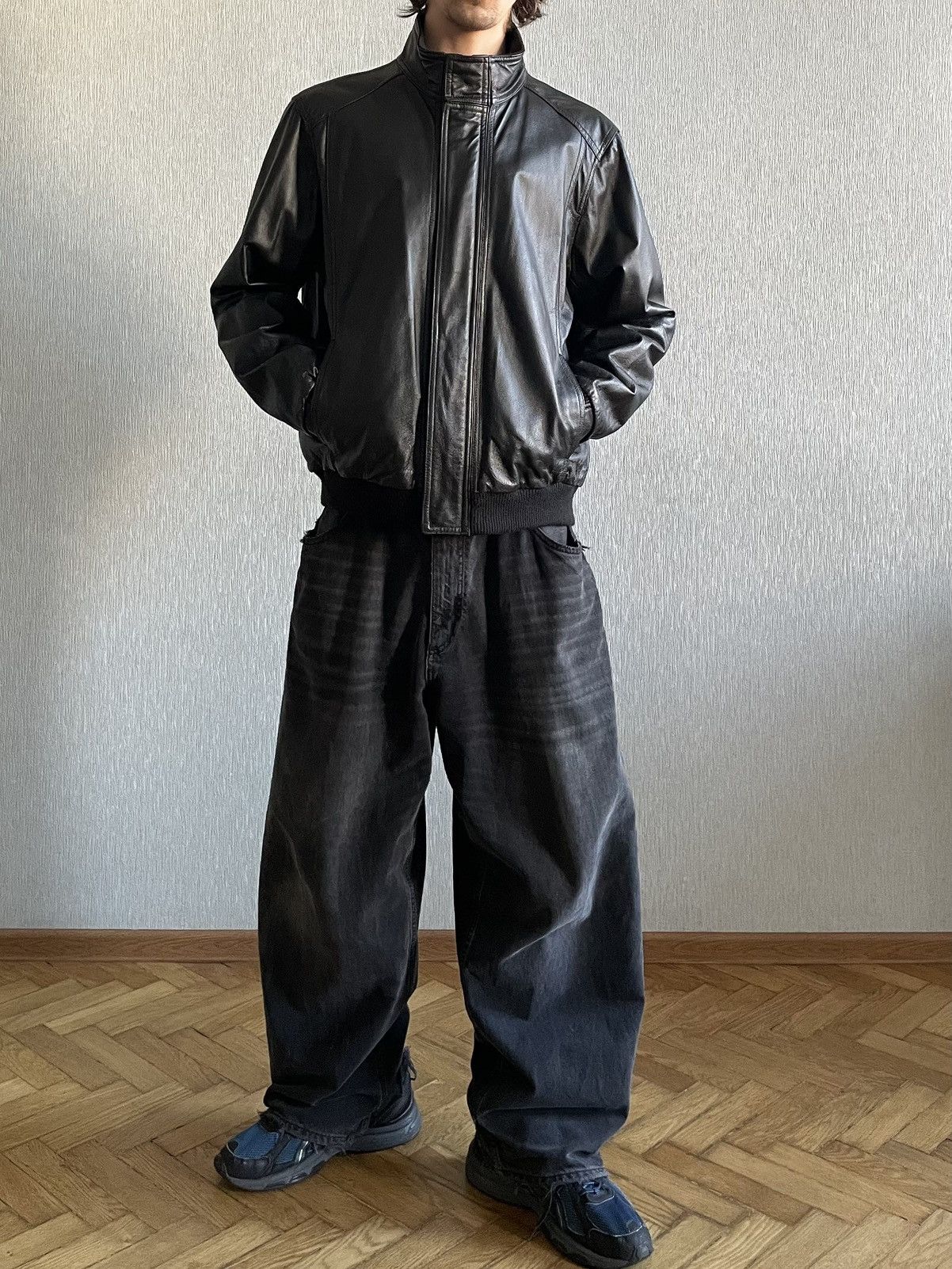 Marks & Spencer Black Leather Bomber / A Jacket Size US XL / EU 56 / 4 - 12 Thumbnail