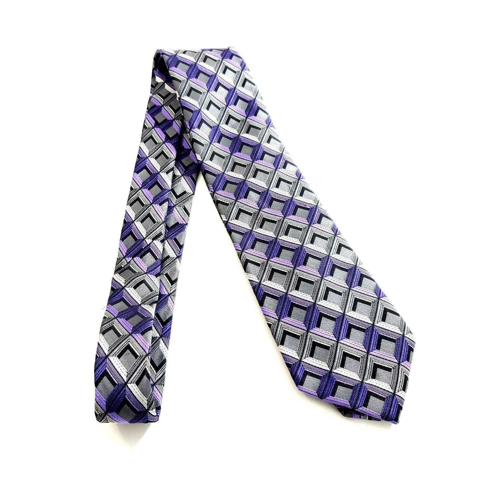 Joseph Abboud Joseph Abboud Gray Purple Geometric Woven Silk Tie Size ONE SIZE - 6 Thumbnail