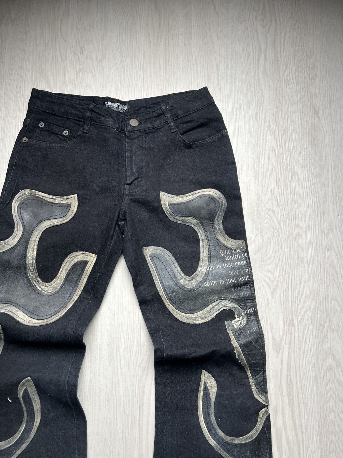 Japanese Brand H Naoto Rockers H Baby Leather Flame Tribal Flared Jeans Size US 29 - 4 Thumbnail