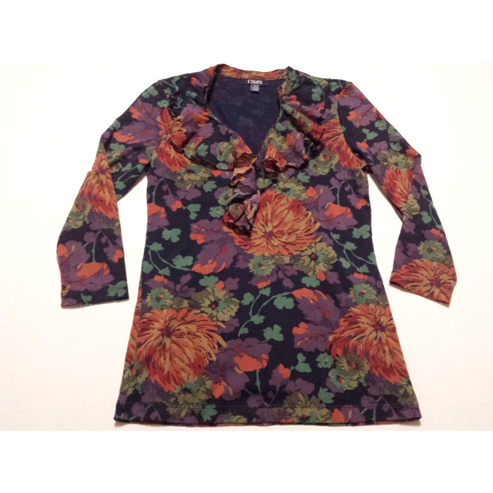Chaps Chaps Blouse 3/4 Sleeve V-Neck Multicolor Floral Ruffled Pullover Womens Medium Size M / US 6-8 / IT 42-44 - 3 Thumbnail
