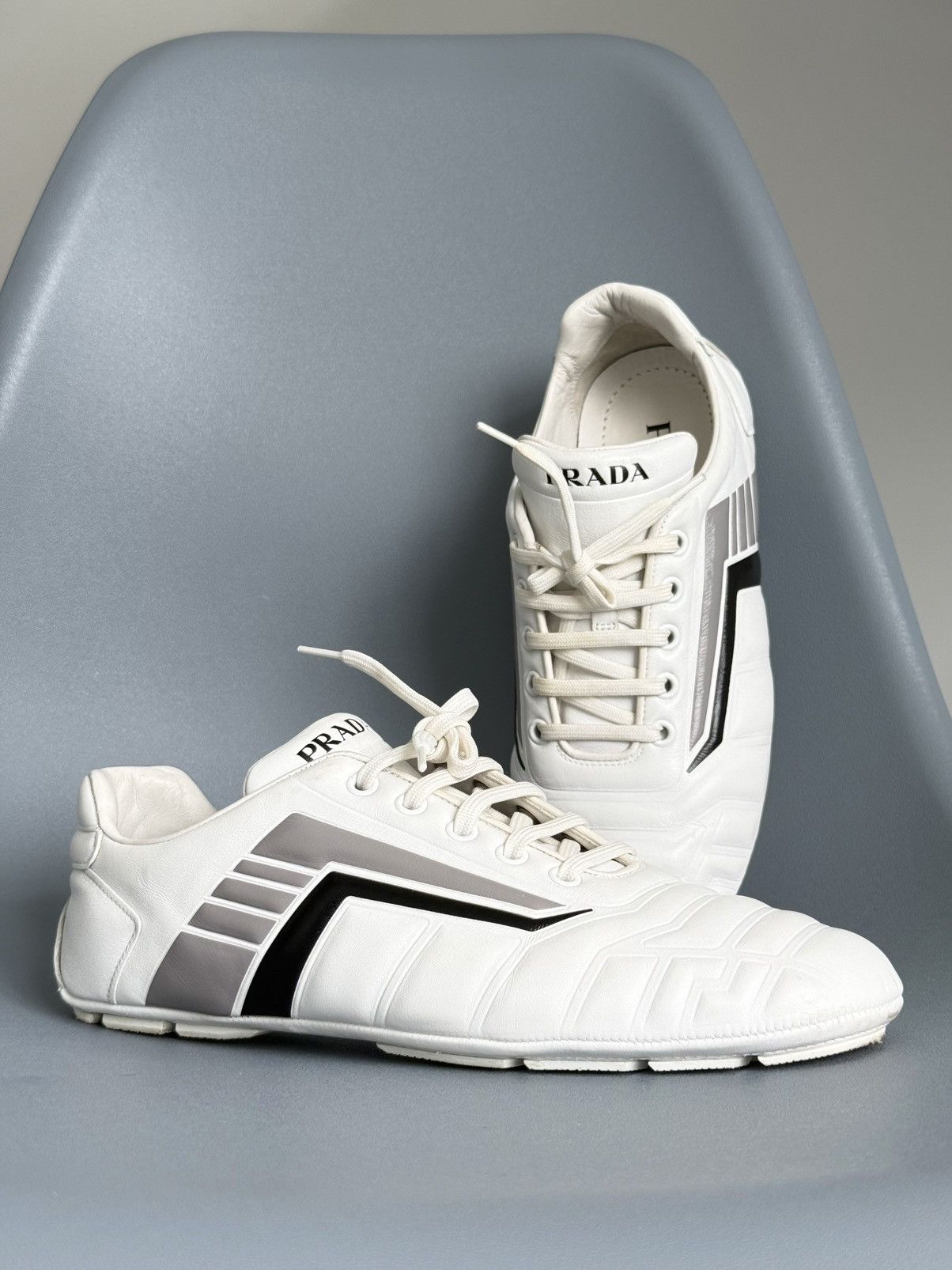 Prada Prada Rev Sneakers White Padded Leather Gray Stripe Low Top Size US 9 / IT 39 - 1 Thumbnail