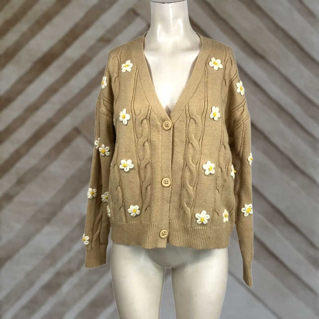 Vintage & MERCI Cardigan Women’s S Tan Long Sleeve Cable Knit V Neck Wool Blend/ Knit Size S / US 4 / IT 40 - 1 Thumbnail
