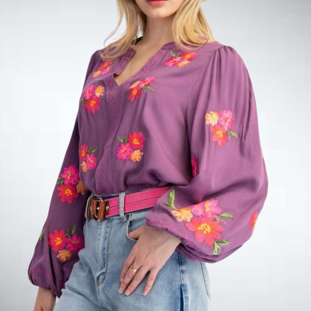 Other Easel Floral Embroidered Long Sleeve Top in Plum Size S Size S / US 4 / IT 40 - 1 Thumbnail