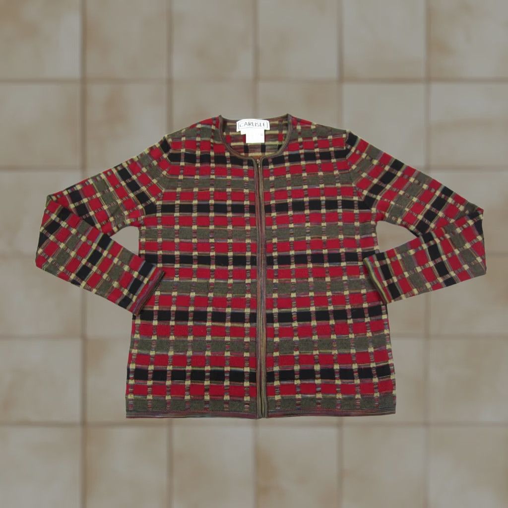 Vintage VINTAGE Carlisle Cardigan Mens M Red Wool Check Sweater 90s USA CardiGan Zipper Cropped? Size US M / EU 48-50 / 2 - 1 Thumbnail