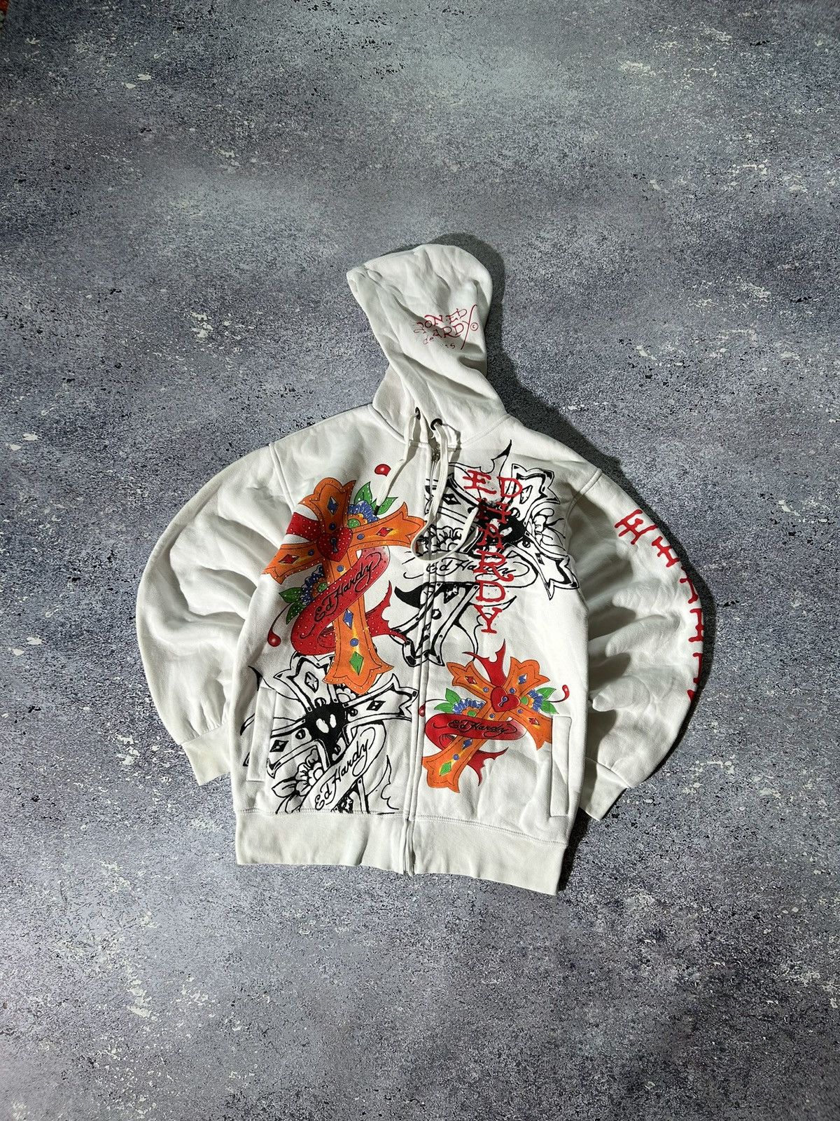 image of Y2K Ed Hardy Hoodie All Over Cross Printed Retro 00S in White, Men's (Size Small)
