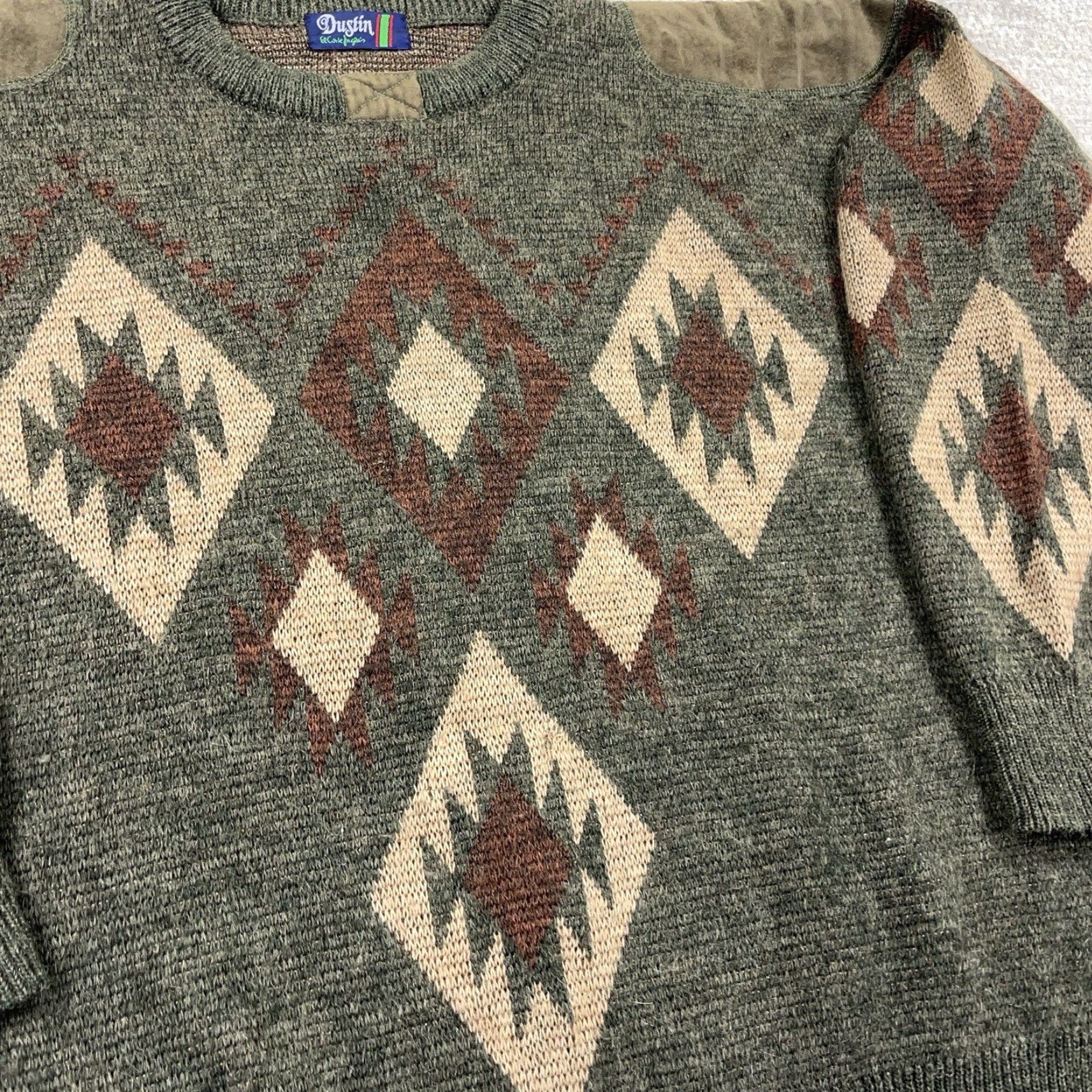 Gustin VINTAGE Dustin Grandpa Sweater Men XL Green Geometric Knit Wool Mohair 80s 90s Patch Pullover Crew Neck Classic Retro Size US XL / EU 56 / 4 - 4 Thumbnail