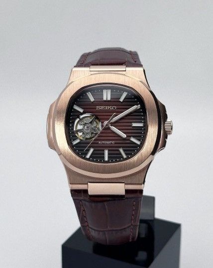 Japanese Brand Seiko Mod Nautilus Brown Open Dial Rose Watch Leather Strap Size ONE SIZE - 7 Thumbnail