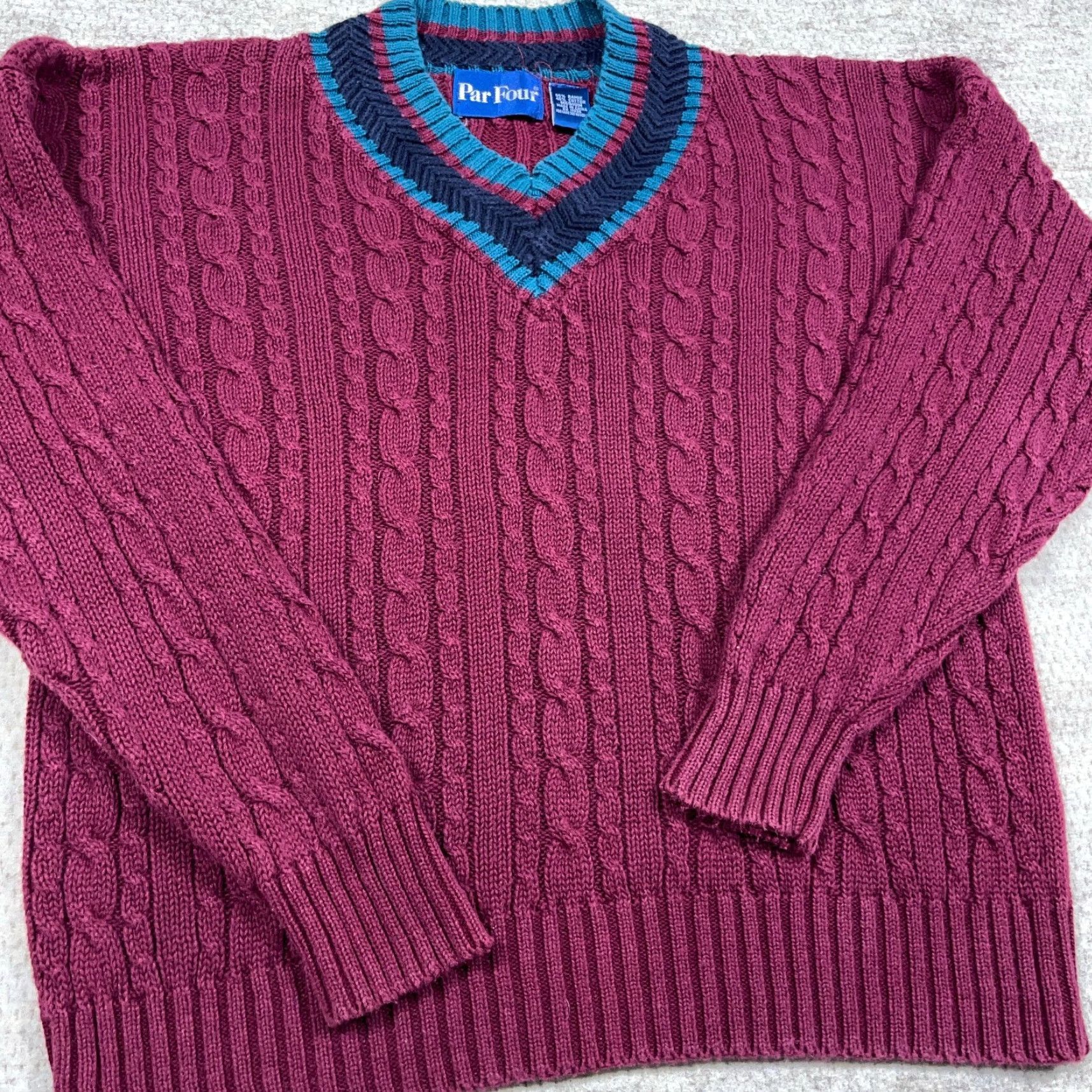 Vintage VINTAGE Grandpa Sweater Men Medium Maroon Cable Knit 90s Deep V Neck Cricket Mens Size US M / EU 48-50 / 2 - 4 Thumbnail