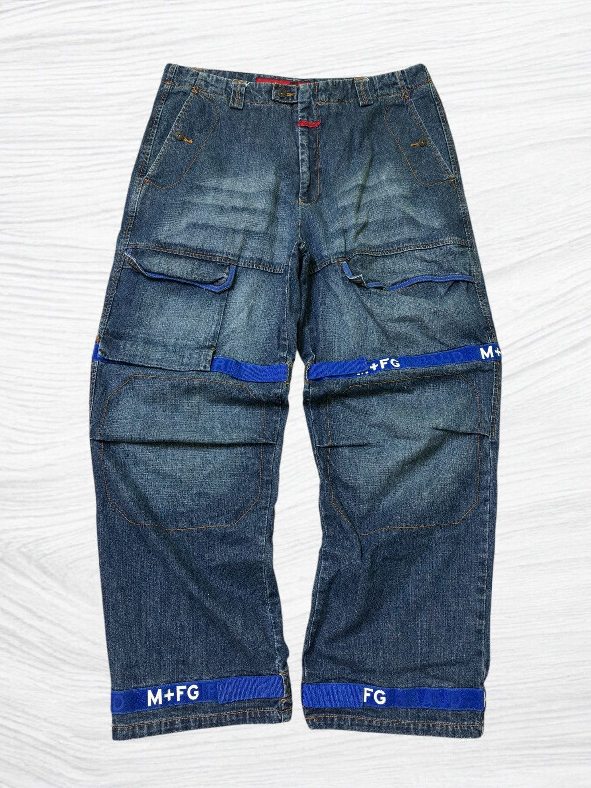 Pre-owned Marithe Francois Girbaud X Vintage M+ Fg Baggy Denim Cargo Blue Strap Bondage Adjustable (size 38)