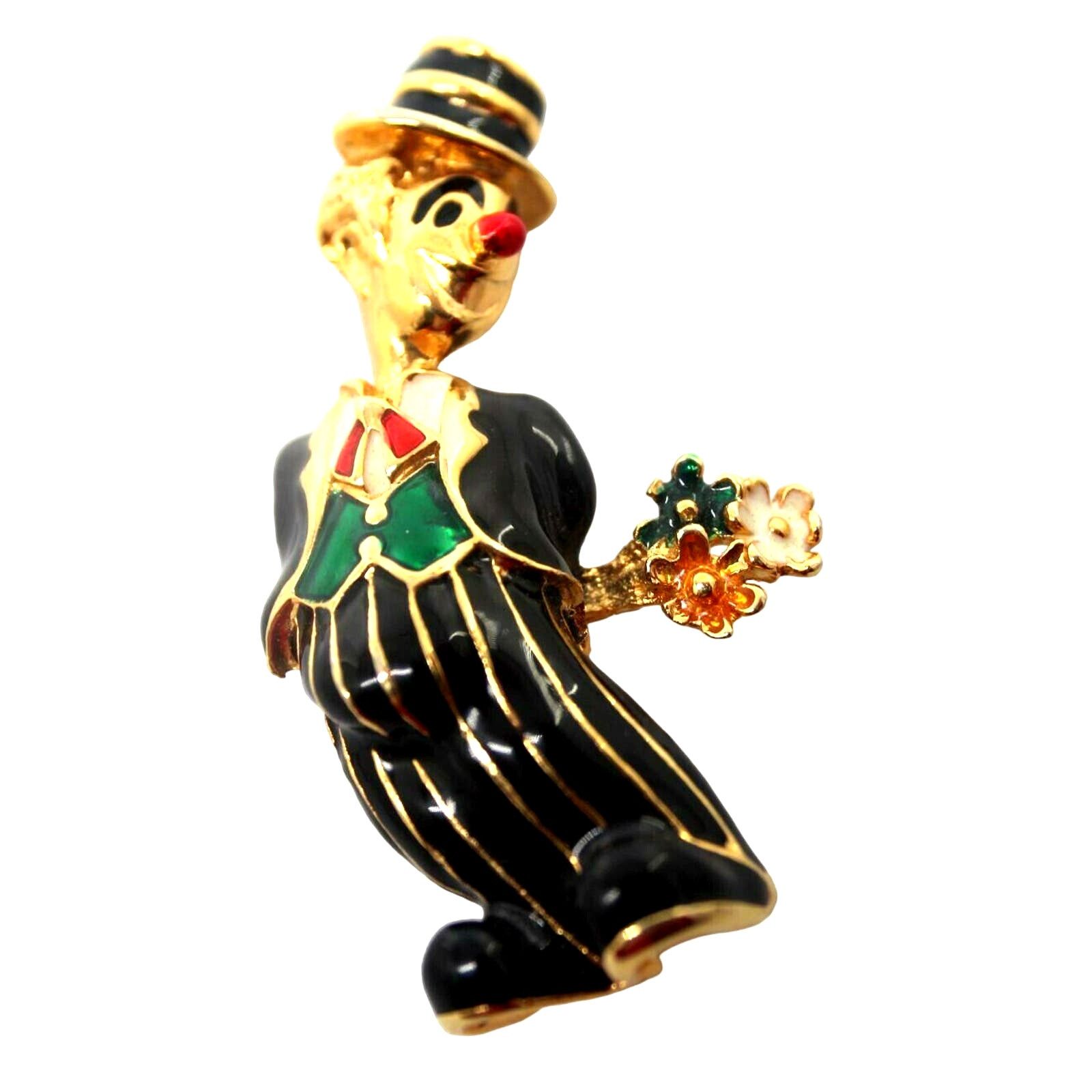 Other Enamel Clown Top Hat & Bouquet Brooch Pin •Red Green Flowers Size ONE SIZE - 1 Thumbnail