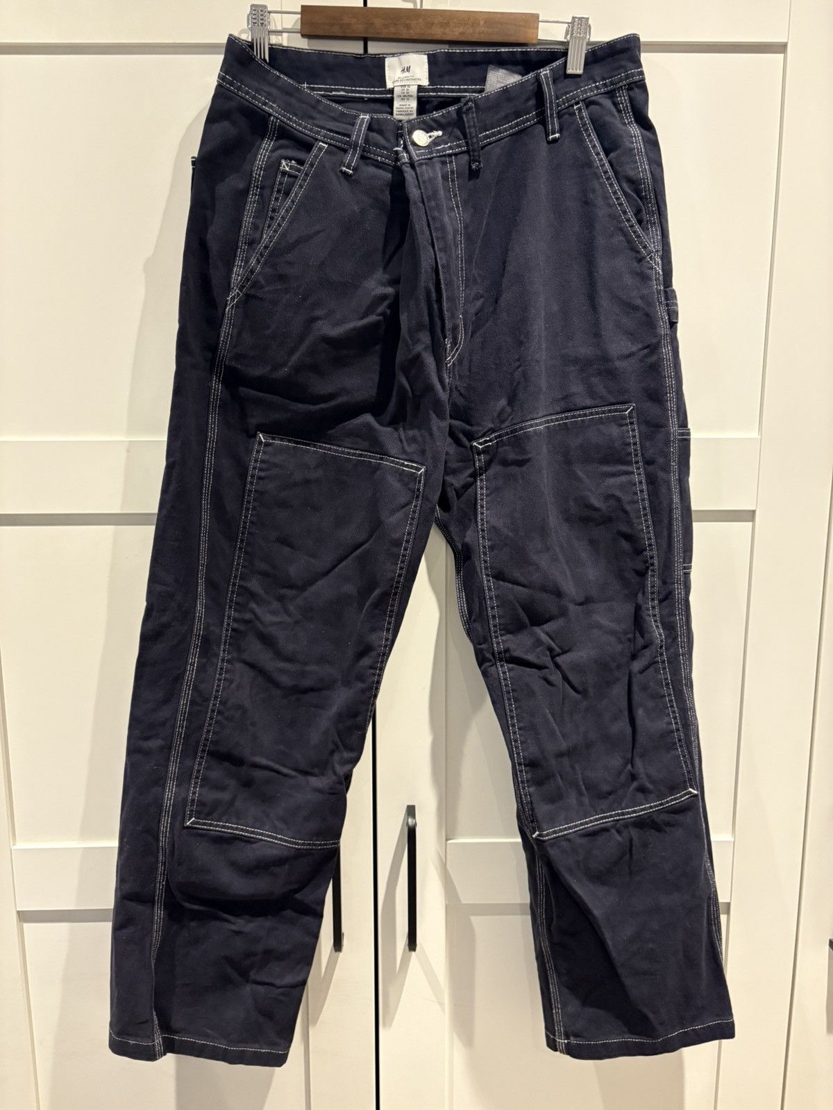 H&M × Vintage Double Knee White Stitched Black Cargos Size US 32 / EU 48 - 2 Thumbnail