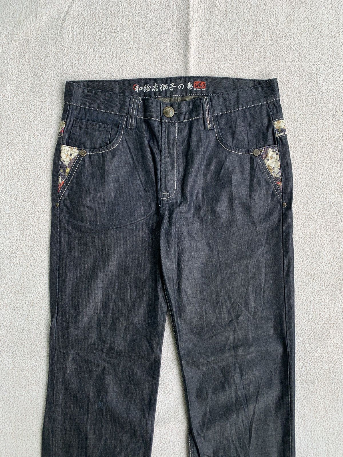 Japanese Brand × Vintage Vtg 00s japanese Zizo Bosatsu embroidered Art Denim Pants Size US 34 / EU 50 - 4 Thumbnail