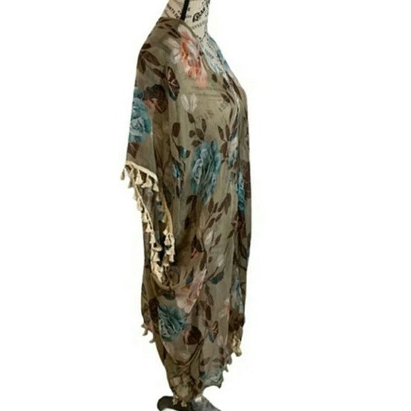Other Riah Fashion LA Floral Kimono Wrap Boho Shawl Tassels Sheer Size ONE SIZE - 2 Thumbnail