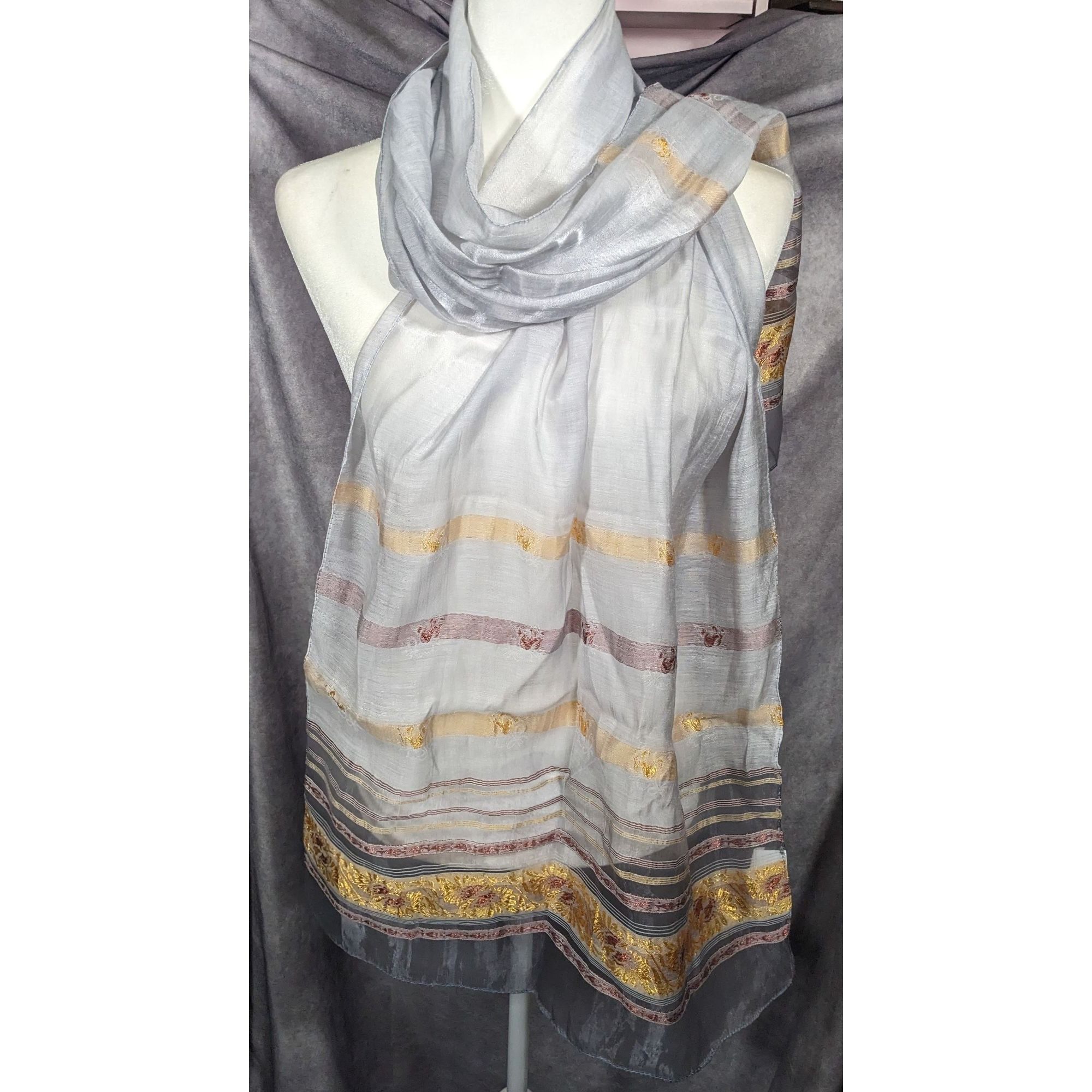 Other Semi Sheer Grey And Gold Metallic Striped Scarf Size ONE SIZE - 2 Thumbnail